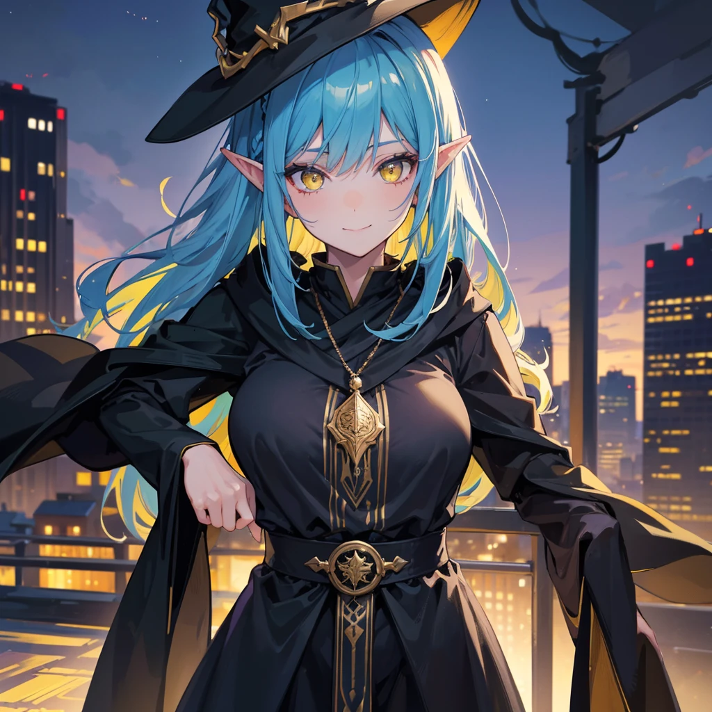 A sexy girl half elf wizard, all black and dark wizard robe, wizard hat, yellow eyes, bright blue hair colour, in city background,8k, masterpiece, best quality, highly detailed, 1girl, half-elf, solo, yellow eyes, bright blue hair, long straight hair, wearing necklace, gorgeous, smile, black robe and wizard clothing, friendly, sexy, close ups view, rings, looking at viewer, city background,