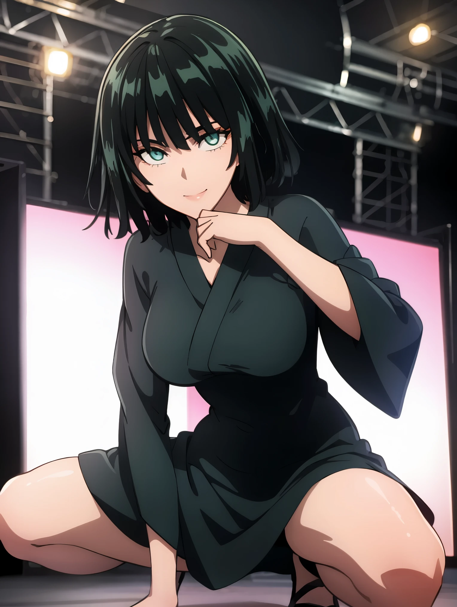 green eyes, (green color hair:1.2),By bang，short hair, 
BREAK (yukata:1.2),
BREAK squatting, spread legs, seductive smile, on stage, flashing lights, hands on hips,
BREAK (masterpiece:1.2), best quality, high resolution, unity 8k wallpaper,NSFW ,(illustration:0.8), (beautiful detailed eyes:1.6), extremely detailed face, perfect lighting, extremely detailed CG, (perfect hands, perfect anatomy),