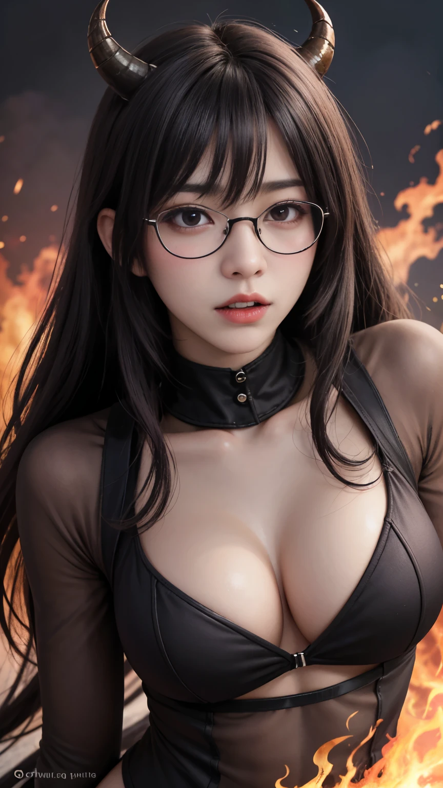 background（Black Night Sky，Big Moon），Close-up of a woman，Wearing a white shirt、((Black-rimmed glasses))、Purple Hair，Very long hair，very thick braids，Purple eyes，big ， realistic girl rendering, 8k artistic german bokeh, Enchanting girl, Realistic girl, Gurwitz, Gurwitz-style artwork, Girl Roleplay, Realistic 3D style, cgstation Popular Topics,, 8K Portrait Rendering,（truth，truth：1.4），Wear pink pajamas，巨big ，Sparkling eyes，Purple eyes、(highest quality,4K,8k,High resolution,masterpiece:1.2),Very detailed,(Realistic,photoRealistic,photo-Realistic:1.37),Mythical monster,Beast-like creature,Muscular,Six big legs,Stand like a gorilla,Red fur covering the body,two big horns,Drill teeth,Sharp Claws,Huge shape,Burning Fire Magic,Energy aura,A threatening presence,Glowing Eyes,Intimidating posture,Dark Environment,Smoke-filled air,Ominous Shadow,Majestic and fierce,Explosive power,Vibrant colors,bold,Horror art style,moving composition,Dramatic lighting,rib layer,large sharp teeth,Sharp Edges,Very detailedスケール,Burning Crack,Burning Flames,Furious expression,Burning with anger,Surrounded by sparks and embers