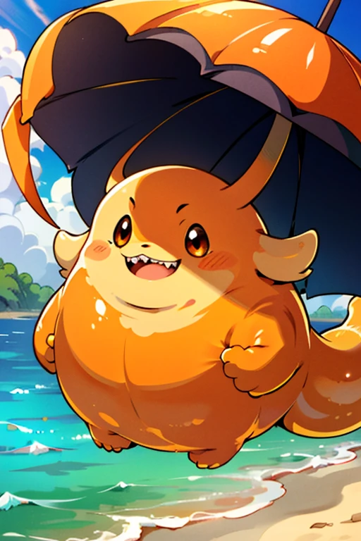 masterpiece, best quality, SFW, (safe for work),1Digimon, solo, sharp teeth, very long ears, wide mouth, orange digimon,blob digimon, (An orange digimon, with very long flappy ears and dumpling-shaped body),digimon style,(in-training digimon), beach background