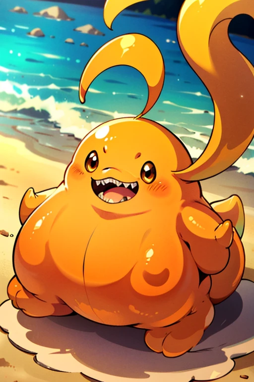 masterpiece, best quality, SFW, (safe for work),1Digimon, solo, sharp teeth, very long ears, wide mouth, orange digimon,blob digimon, (An orange digimon, with very long flappy ears and dumpling-shaped body),digimon style,(in-training digimon), beach background