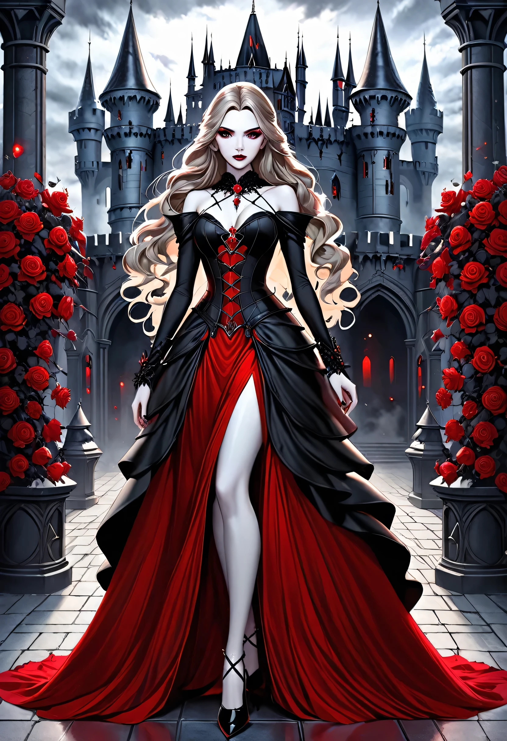 Dark fantasy art, fantasy art, goth art, a picture of a female vampire, exquisite beauty, full body shot, dark glamour shot, pale white skin, dark blond hair, long hair, wavy hair, (icy grey: 1.3) eyes, she wears a (red: 1.3) dress, ArmoredDress, entwined with (black: 1.3) roses, high heells, dark castle porchm, RagingNebula