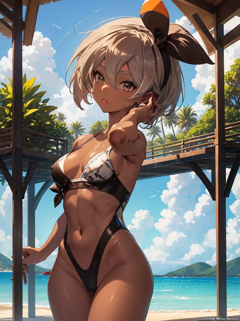 (Masterpiece, best quality, high res、highly detailed cg: 1)、 ((((((brown skin)))))), A picturesque beach or poolside scene with a female idol posing in various swimsuit shots. The setting is serene with no other people around, emphasizing the natural beauty of the location. The idol is wearing different swimsuits in each pose, showcasing her in playful, seductive, and elegant poses. The sunlight highlights her figure, casting soft shadows and creating a warm, inviting atmosphere. The background includes clear blue water, sandy shores, and lush greenery, enhancing the idyllic and peaceful vibe of the scene. The overall mood is one of beauty, relaxation, and allure. nsfw