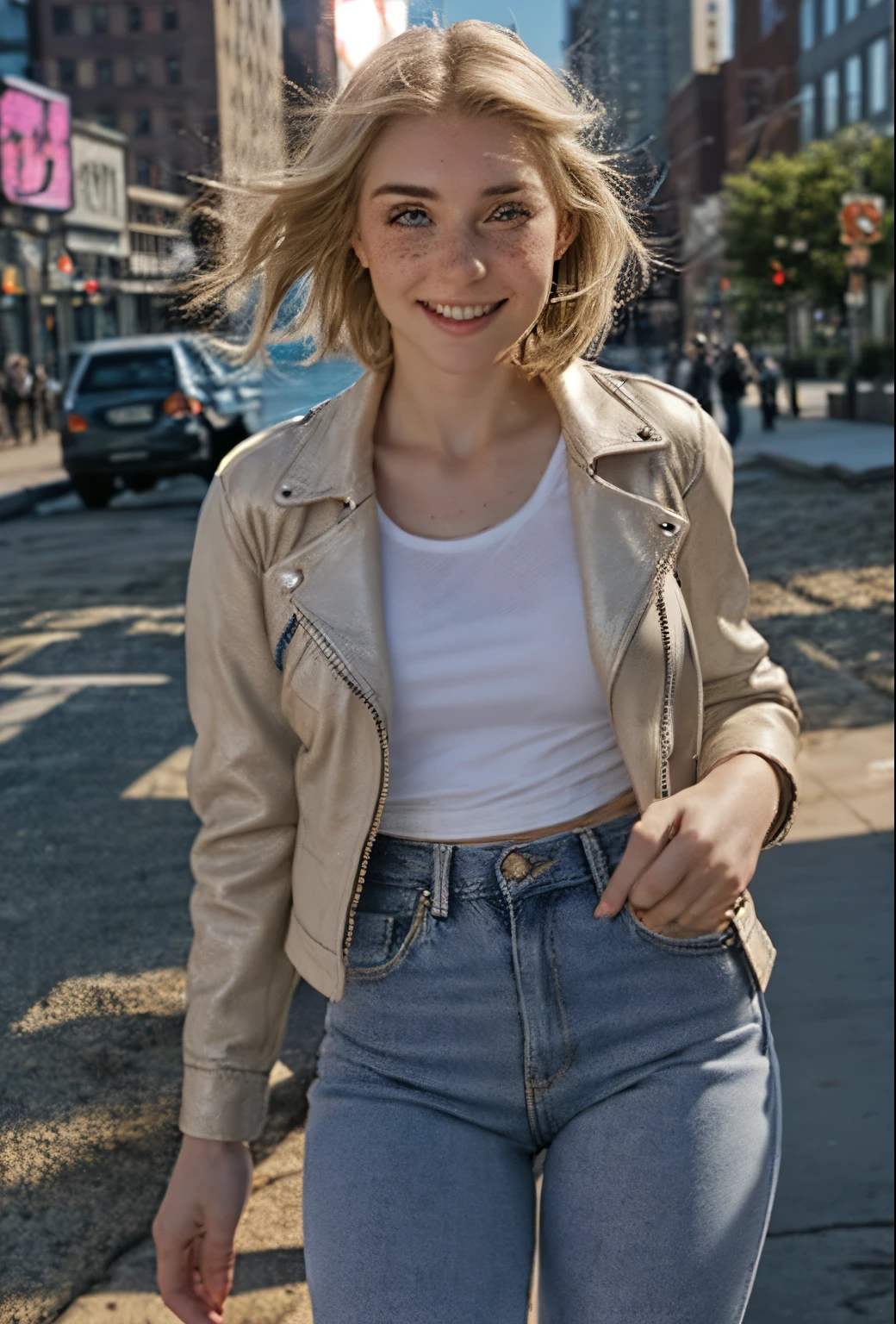 A 21 year old girl named Kate with short blonde hair, beautiful medium breasts, her height is 1.60, white British style, her eyes are light blue, Kate is beautiful, angelic face, has freckles in the nose area, Kate is wearing a beige leather women's jacket with a white shirt, kate wears a very light pair of jeans with white sneakers, Kate is on the streets of New York at dusk, Kate is very happy because she loves New York