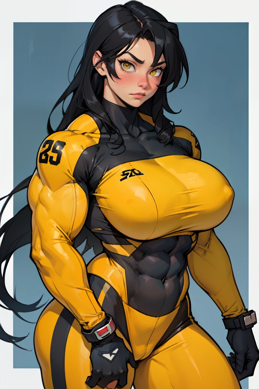 ((girl muscular thick)) pale skin black hair ultra detailed eyes huge large breasts toned body embarrassed blush very long hair skintight suit yellow eyes