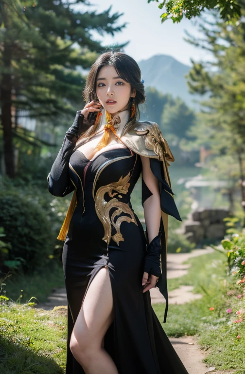 Sexy beautiful girl standing on fantasy forest, nice body big , xianyun character genshin impact, ((xianyun)), 4k HD photo , maáterpiece, fantasy moutain backdrop