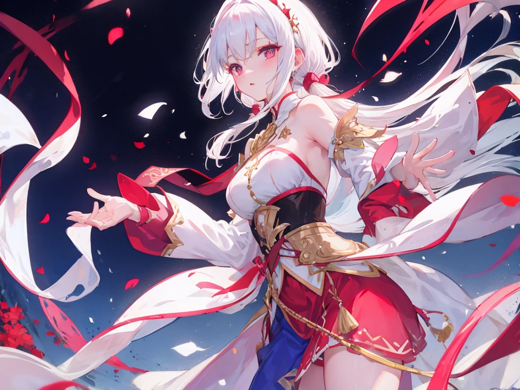 Snow white hair，Red pupils，very nice， And a cute ，A soft, waxy pink garment，With gold trim、Night Sky、4K backgrounds、Beautiful background、