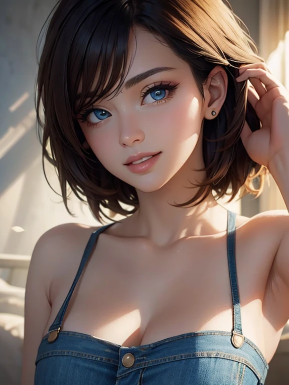 (((masterpiece, portrait))), (Best quality,ultra detailed,Photorealistic:1.37), (((deep neckline))), bright and rich colors,studio lighting,Playful expression,stylish makeup, short denim shorts,hair fluttering in the wind,inviting eyes,shiny lips,sexy pose, I smile confidently and seductively,posing for a professional photo shoot,Shallow depth of field,highlighting the main subject,Soft natural light,Creating a dreamy and magical atmosphere.
