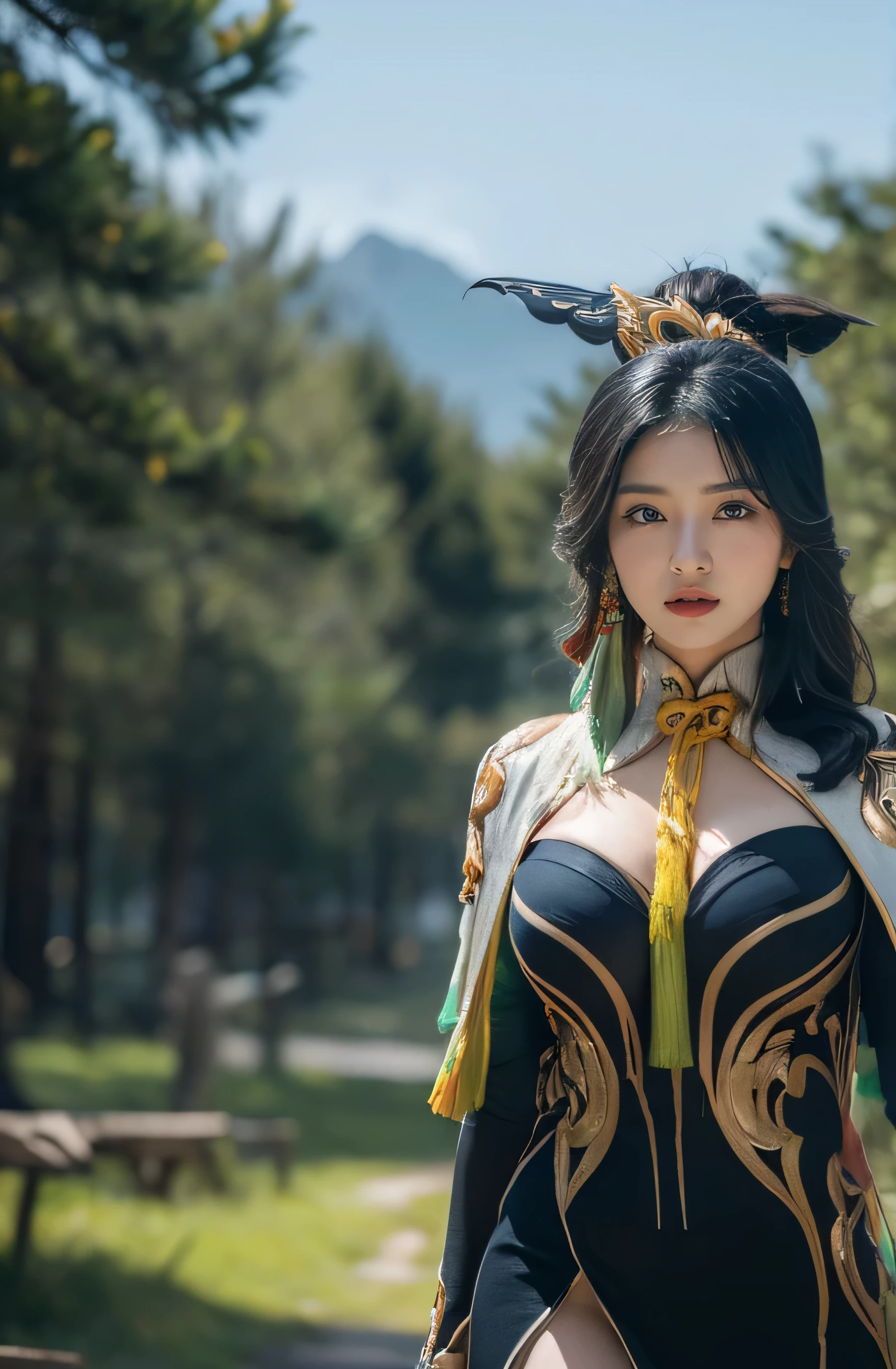 Sexy beautiful girl standing on fantasy forest, nice body big , xianyun character genshin impact, ((xianyun)), 4k HD photo , maáterpiece, fantasy moutain backdrop