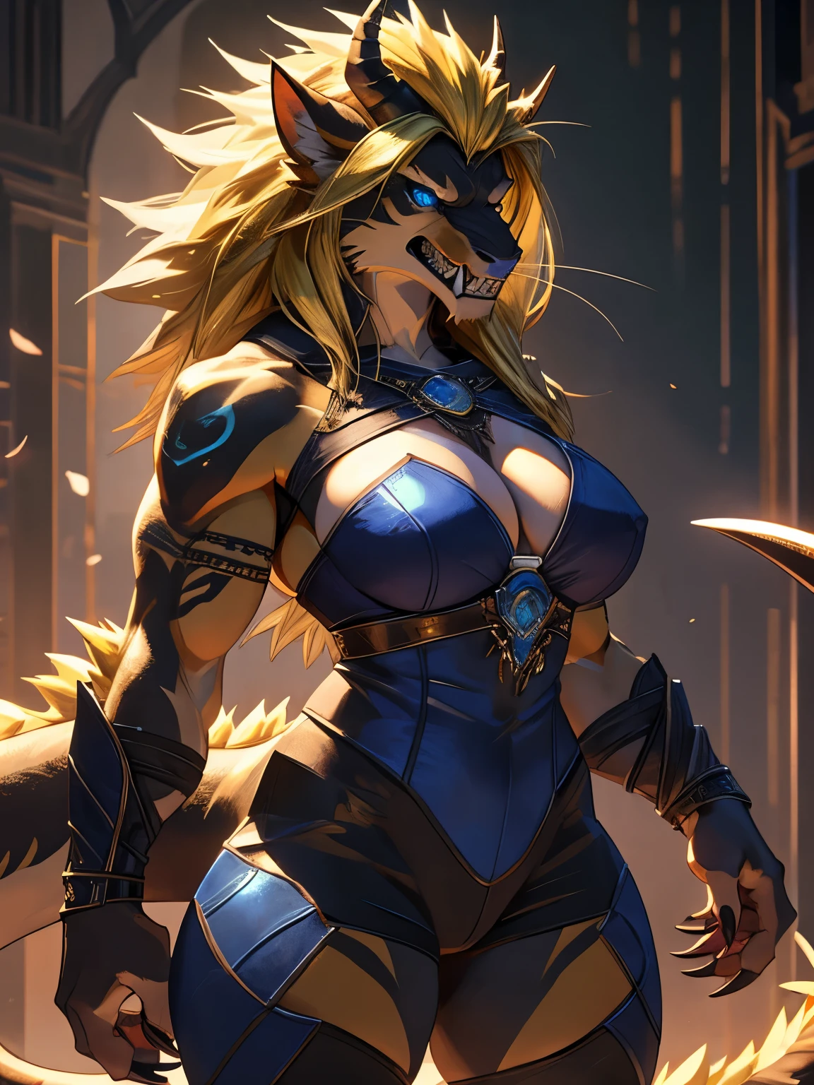 Furry female, anthropomorphic manticore, wild unkept blonde hair, golden fur, thick thighs, thick tail, large breasts, sapphire blue eyes, cat pupils, eyeshadow, chest binding, tattoos, distressed leggings, sharp claws, full body shot, tall, sharp eyes, snarling, sharp teeth, aggressive