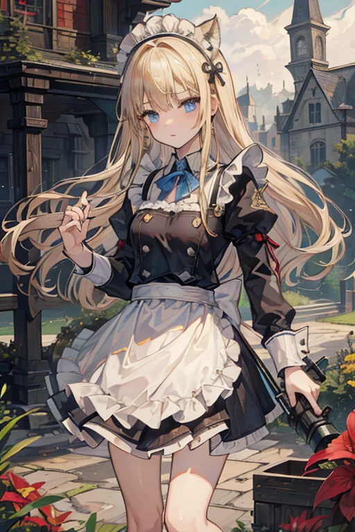 (8k, highest quality, Tabletop:1.2)、Ultra-high resolution, 14-year-old girl, Perfect Fingers, Detailed face, blue eyes, blonde, Straight hair, Long Hair, Black maid outfit,  Western-style building、garden、Rocket Launcher