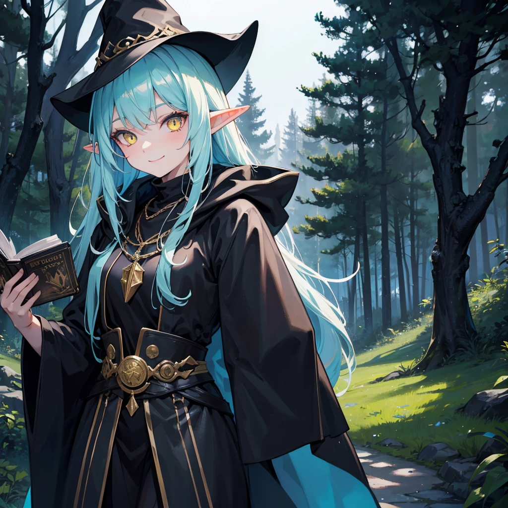 A sexy girl half elf wizard, all black and dark wizard robe, wizard hat, yellow eyes, bright blue hair colour, book in hand, in forest background,8k, masterpiece, best quality, highly detailed, 1girl, half-elf, solo, yellow eyes, bright blue hair, long straight hair, wearing necklace, gorgeous, smile, black robe and wizard clothing, friendly, sexy, close ups view, rings, looking at viewer, forest background,