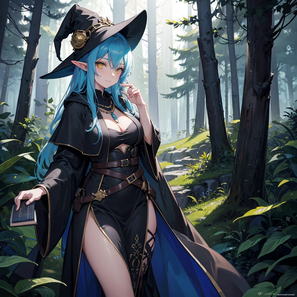 A sexy girl half elf wizard, all black and dark wizard robe, wizard hat, yellow eyes, bright blue hair colour, book in hand, in forest background,8k, masterpiece, best quality, highly detailed, 1girl, half-elf, solo, yellow eyes, bright blue hair, long straight hair, wearing necklace, gorgeous, smile, black robe and wizard clothing, friendly, sexy, close ups view, rings, looking at viewer, forest background,