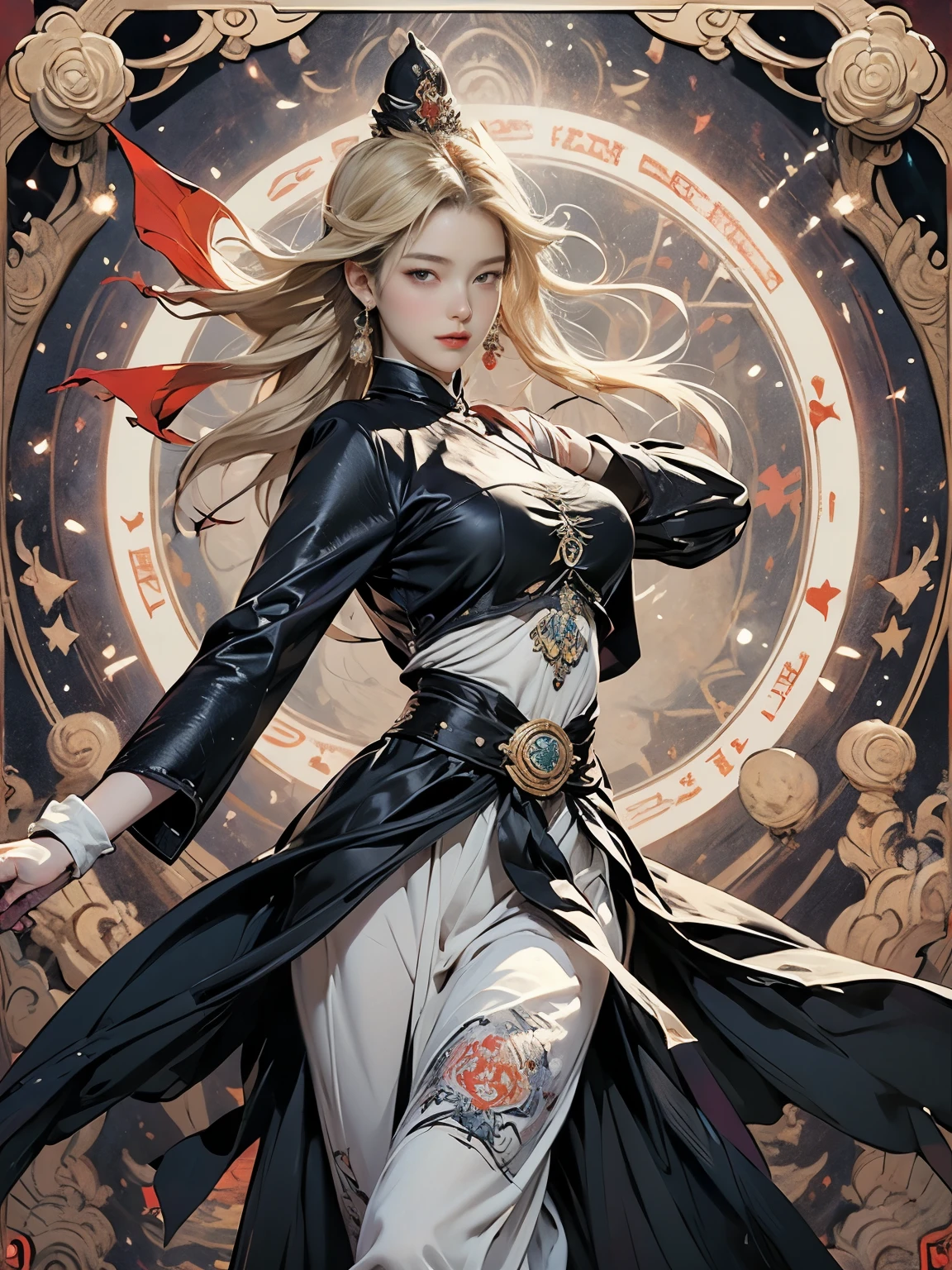 Zerg Queen Beautiful Girl: Ranlinger, 18 years old, fortune teller, Messy Hair, oil, Romanticism painting, beautiful Perfect Face, Soft Skin, Perfect Face, Yasutomo Oka's painting style, Big Breasts, Add light purple and purple, Add Light Red, Intricate details, Splash screen, 8K resolution, masterpiece, Serious, Space, (mysterious magic circle background, Buddhist Mandala:1.3), Colorful background, aura, Sharp Eyes, Break, Blonde, dynamic sexy poses, Strong winds, Mr.々Light source, Colorful light, Crystal Jade, Tarot Cards