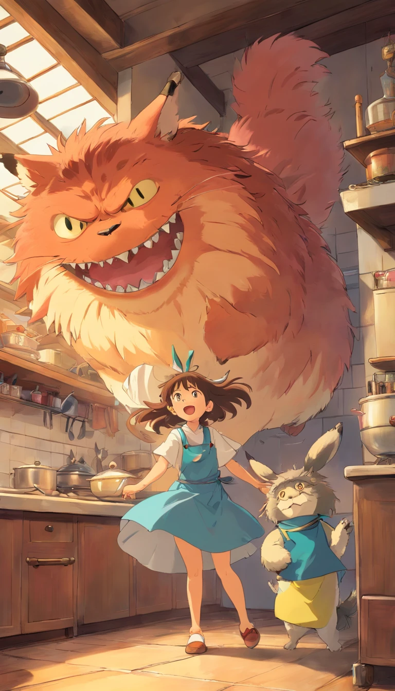 (masterpiece, highest quality, Very detailed, 8k wallpaper, Realistic), Concept Art, Anthropomorphic electric fan, a monstrous device, Whimsical, Threat in the kitchen, Manga style, Vibrant,Animal characters fighting the wind