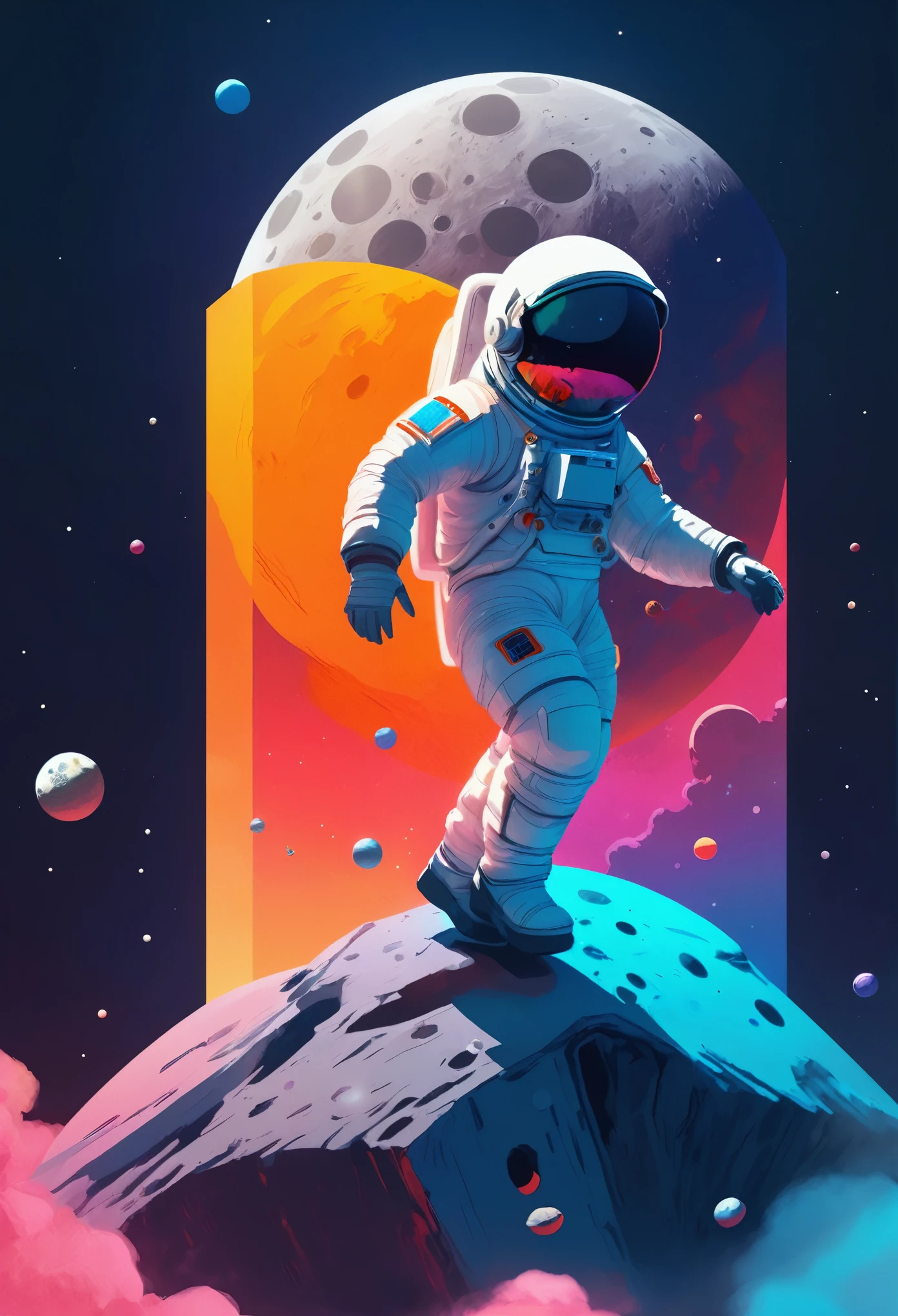 landing、astronaut on a moon with a bright background, Just a joke, Cyril Rolland style, Inspired by Cyril Rolland, astronaut, The colors of the universe, astronaut walking, Spacewalk, astronaut in space, Amazing digital illustrations, Detailed 2D illustrations, astronaut, futuristic astronaut, Sci-Fi Digital Art Illustration, Sci-Fi illustrations, Sci-Fi illustrations