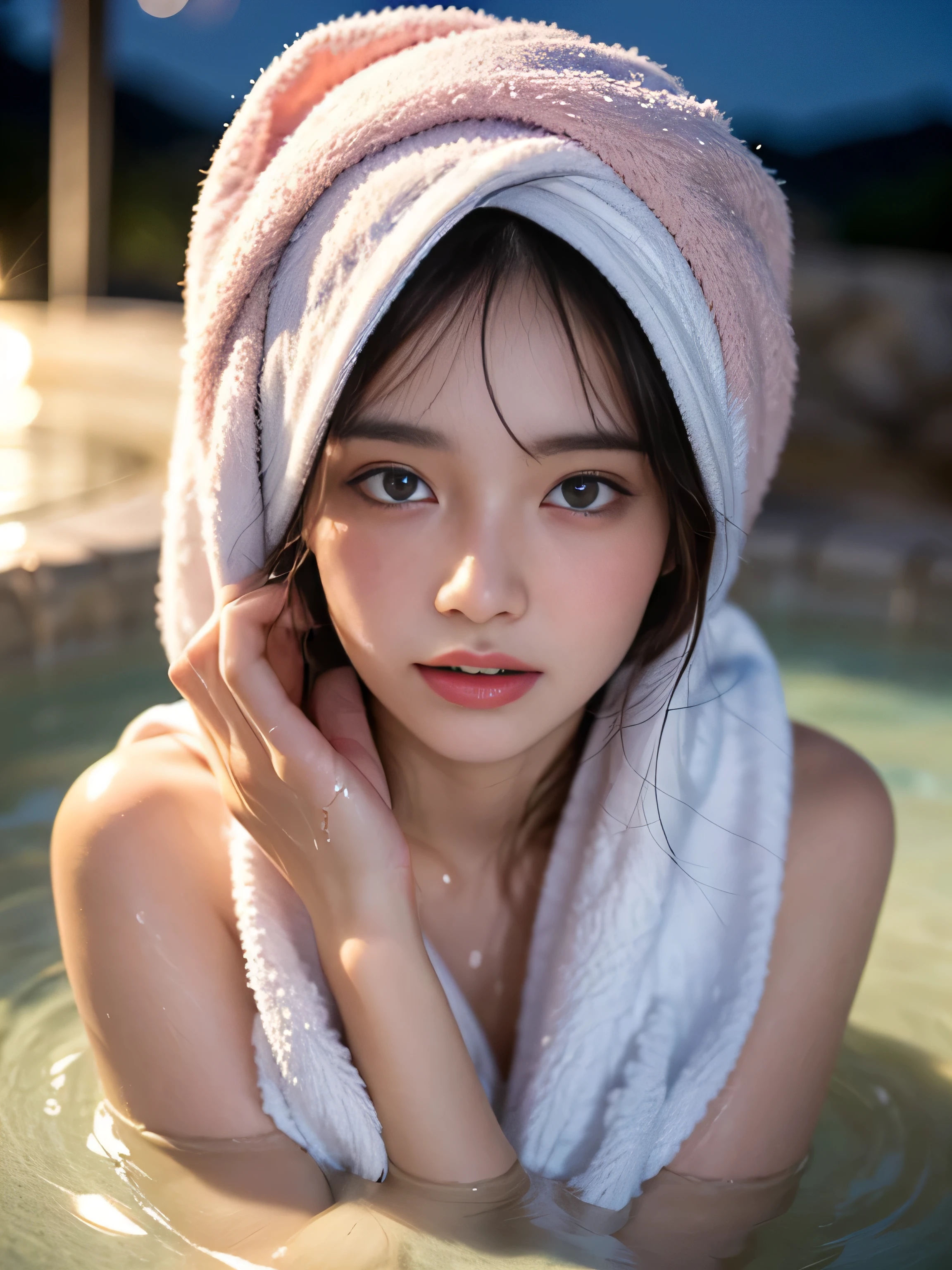19 years old child, white towel wrapped around head, nude, big round breast, soak whole body in the hot spring, full body wet, (moaning:1.3), (full-face blush:1.3), (soaking wet:1.3), (ear blush:1.3), (photorealistic:1.2), (ultra realistic:1.3), (very detailed:1.1), ((masterpiece)), depth of field, first person view, Open-air hot spring, at night.