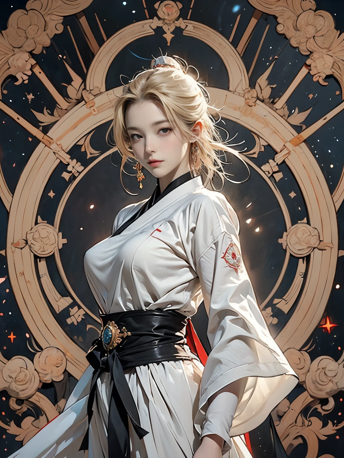 Zerg Queen Beautiful Girl: Ranlinger, 18 years old, astrologer, Messy Hair, oil, Romanticism painting, beautiful Perfect Face, Soft Skin, Perfect Face, Yasutomo Oka's painting style, Big Breasts, Add light purple and purple, Add Light Red, Intricate details, Splash screen, 8K resolution, masterpiece, Serious, Space, (mysterious magic circle background, Buddhist Mandala:1.3), Colorful background, aura, Sharp Eyes, Break, Blonde, dynamic sexy poses, Strong winds, Mr.々Light source, Colorful light, Crystal Jade, Tarot Cards