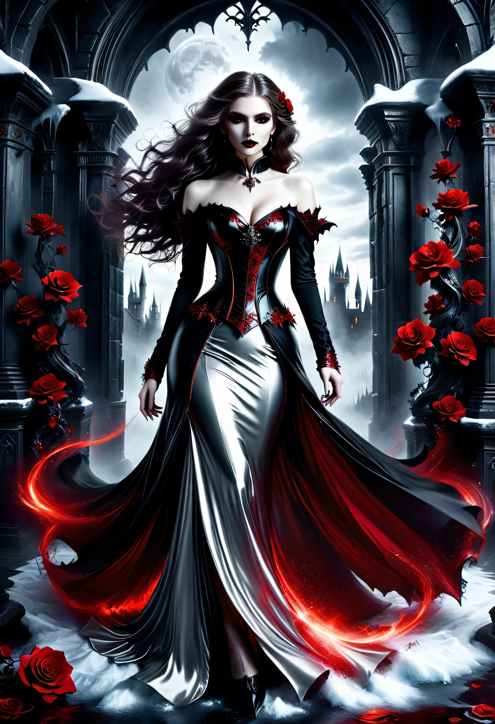 Dark fantasy art, fantasy art, goth art,  a picture of a female vampire, exquisite beauty, full body shot, dark glamour shot,  pale white skin, dark blond hair, long hair, wavy hair, (icy grey: 1.3) eyes,  she  wears a (red: 1.3) dress, ArmoredDress, entwined with (black: 1.3)  roses betmd, high heells, dark castle porchm, RagingNebula