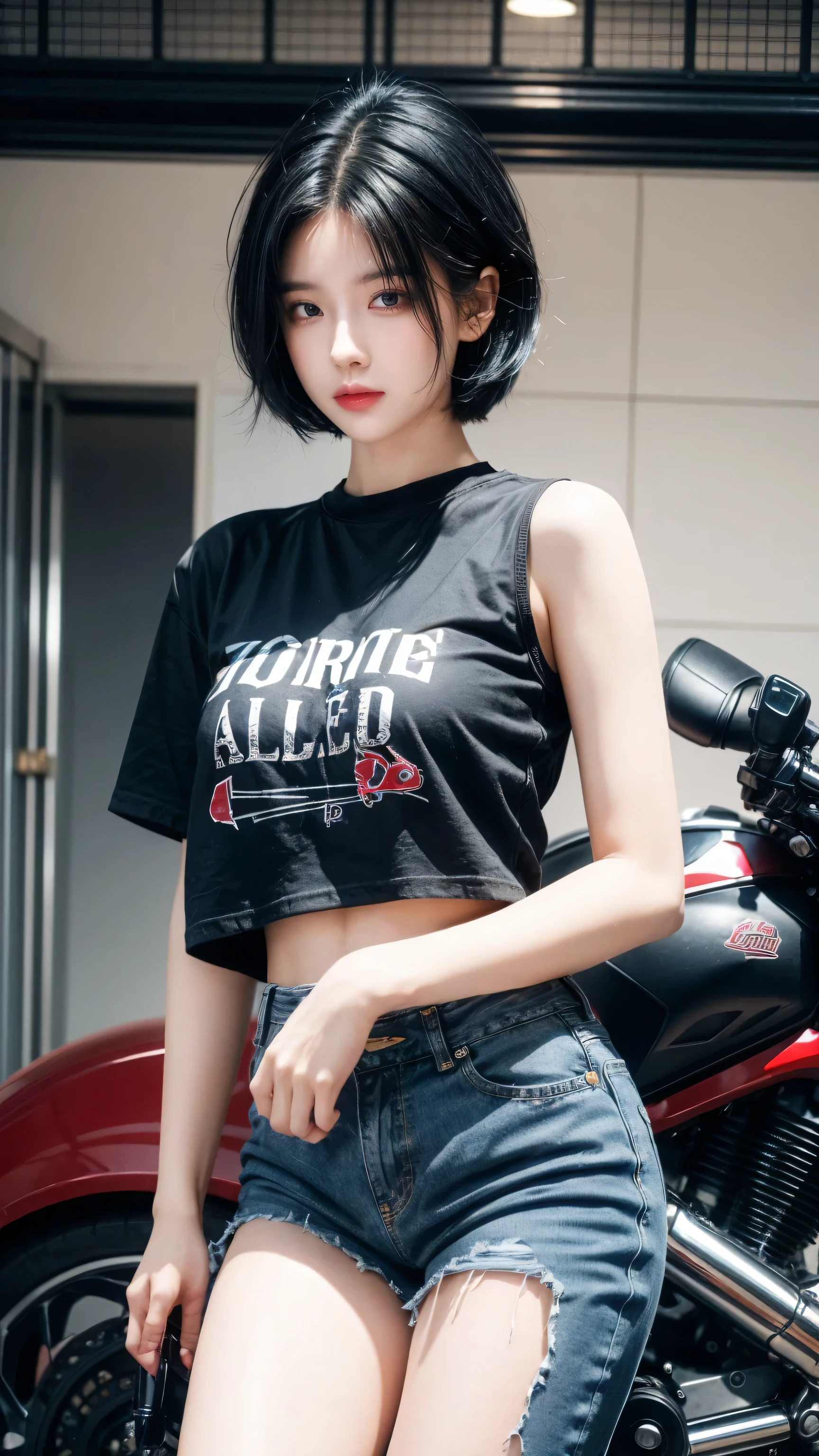 best quality, 1 Girl, dark blue hair, black eyes, Very short hair, Spiky hair, oversize t-shirt, High waist short jeans and boots, 171 cm, Messy hair, Hair between the eyes, Medium breasts, full, Tomboy, aldult, 20 years old, 1 Girl near red motorcycle