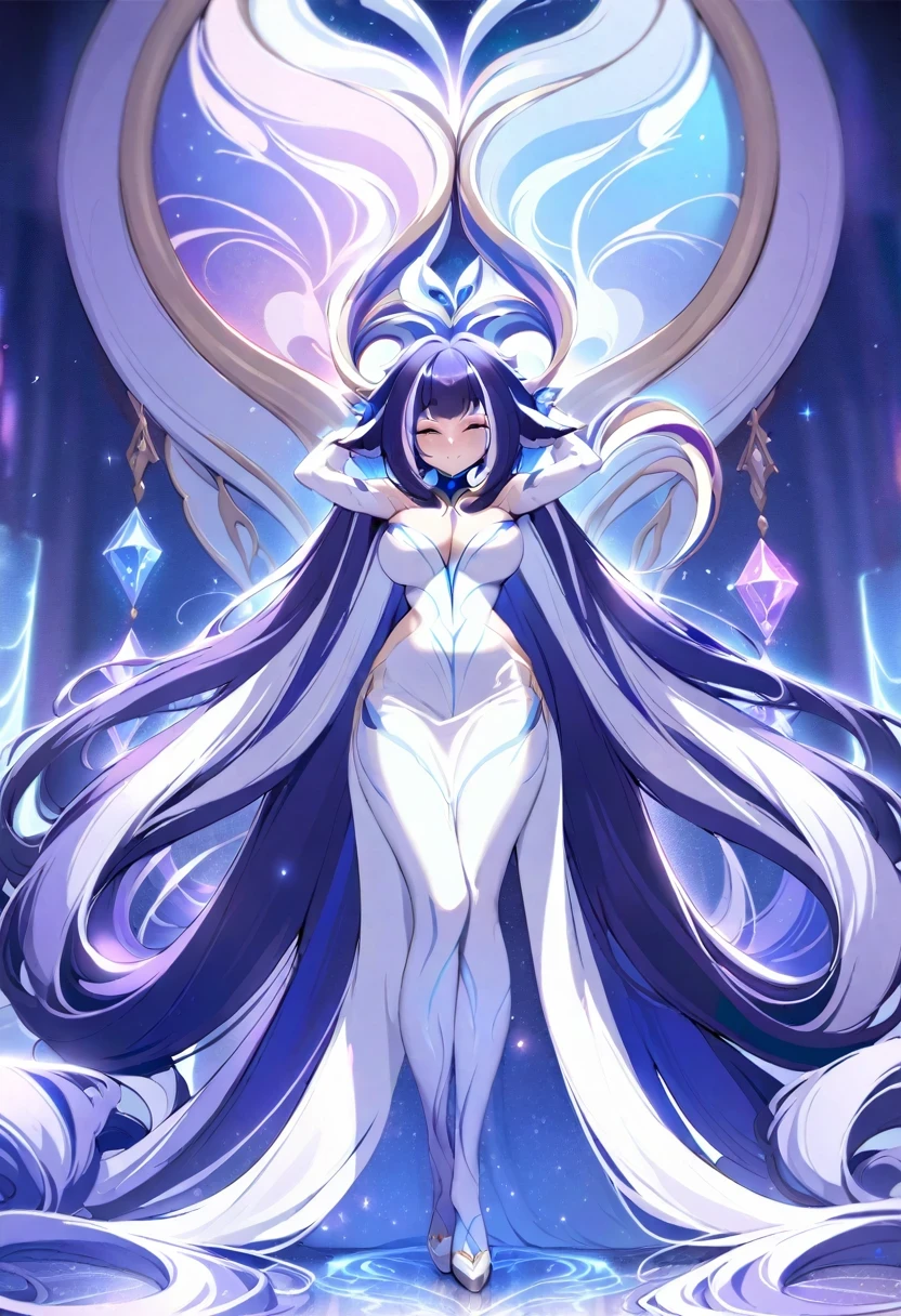 (shylily/(Twich/):1.5),(masterpiece:1.2),(best quality:1.2),1 girl, one person,, Hair, Absurdly long hair, One-side lock, curls, shiny hair, Flowing hair, , Hot body, White long skirt, A huge, colorful, complex, multi-luminous magic array stands behind his head.