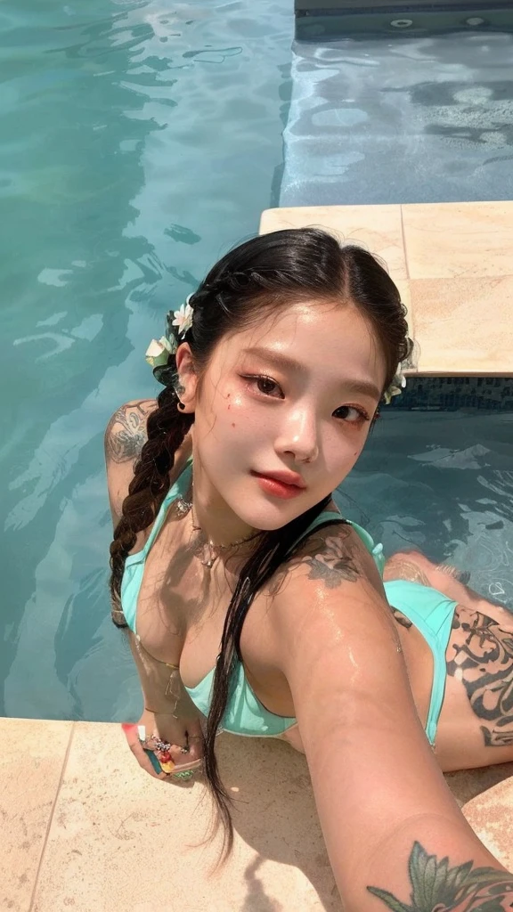 there is a woman that is sitting in a pool with a tattoo on her arm, jennie kim, lisa from black pink, ulzzang, wonyoung, sana from twice, jisoo, jihyo, asian girl