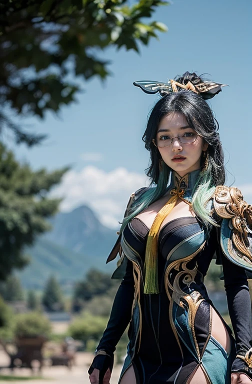 Sexy beautiful girl standing on fantasy forest, nice body big , xianyun character genshin impact, ((xianyun)), 4k HD photo , maáterpiece, fantasy mountain backdrop