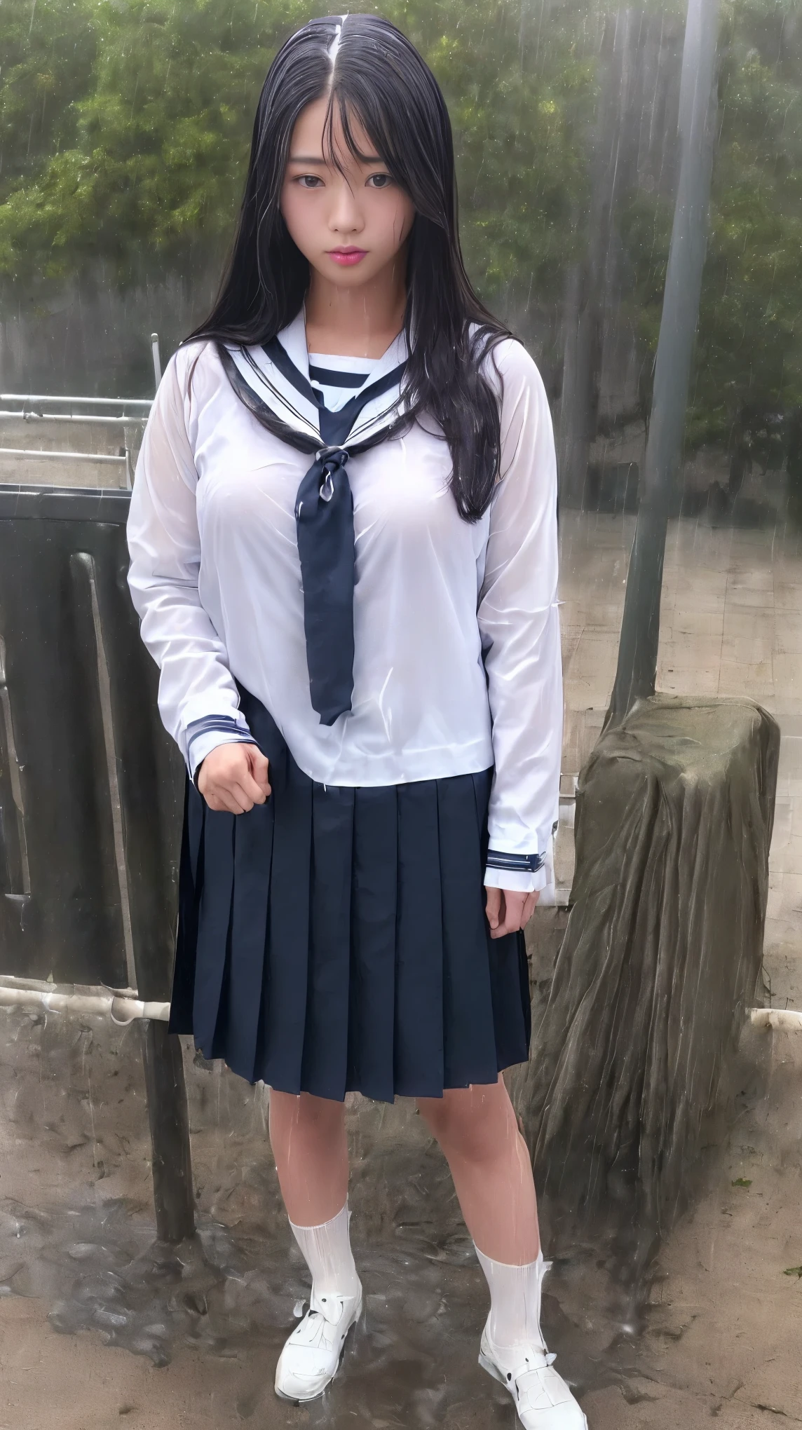 最high quality、high quality、Best image quality、8k、最High resolution、High resolution、最high quality、masterpiece、RAW Photos、whole body写真、Detailed and realistic human body、Detailed and realistic skin、Realistic face in every detail、Realistic reproduction of every detail、Detailed and realistic lips、Detailed and realistic teeth、Detailed and realistic ears、Detailed and realistic hair、Realistic reproduction of every detail、Realistic fingers in every detail、(Beautiful Hands、thumb1reference4)、Realistic feet down to the last detail、Realistic breasts down to the last detail、Realistic areola down to the last detail、Realistic nipples down to the last detail、((Beautiful Japanese Girl))、(Japanese Model)、((18 year old beautiful girl))、(Black Hair)、(Straight hair)、(ponytail)、((whole body))、((Beautiful upturned breasts))、(Stylish slim body)、(whole body光沢肌、Fair skin)、((dark cold stormy weather))、((Pouring rain))、((heavy rain))、((School Playground))、Sailor suit、Sailor Skirt、Junior School、high school student、((Pouring rainの中(A girl standing in the center of the schoolyard))、((Wet and see-through(クロップトップSailor suit、ミニSailor Skirt))、((performance(sorrow、dark、Lament、Watery eye))、((Pouring rainを浴びて(Soaked skin from head to toe))、((Rain dripping from the skin))、((Her body lines are clearly visible through her uniform.(Wet and sticking to the skin.))、((Rainwater dripping from the uniform))