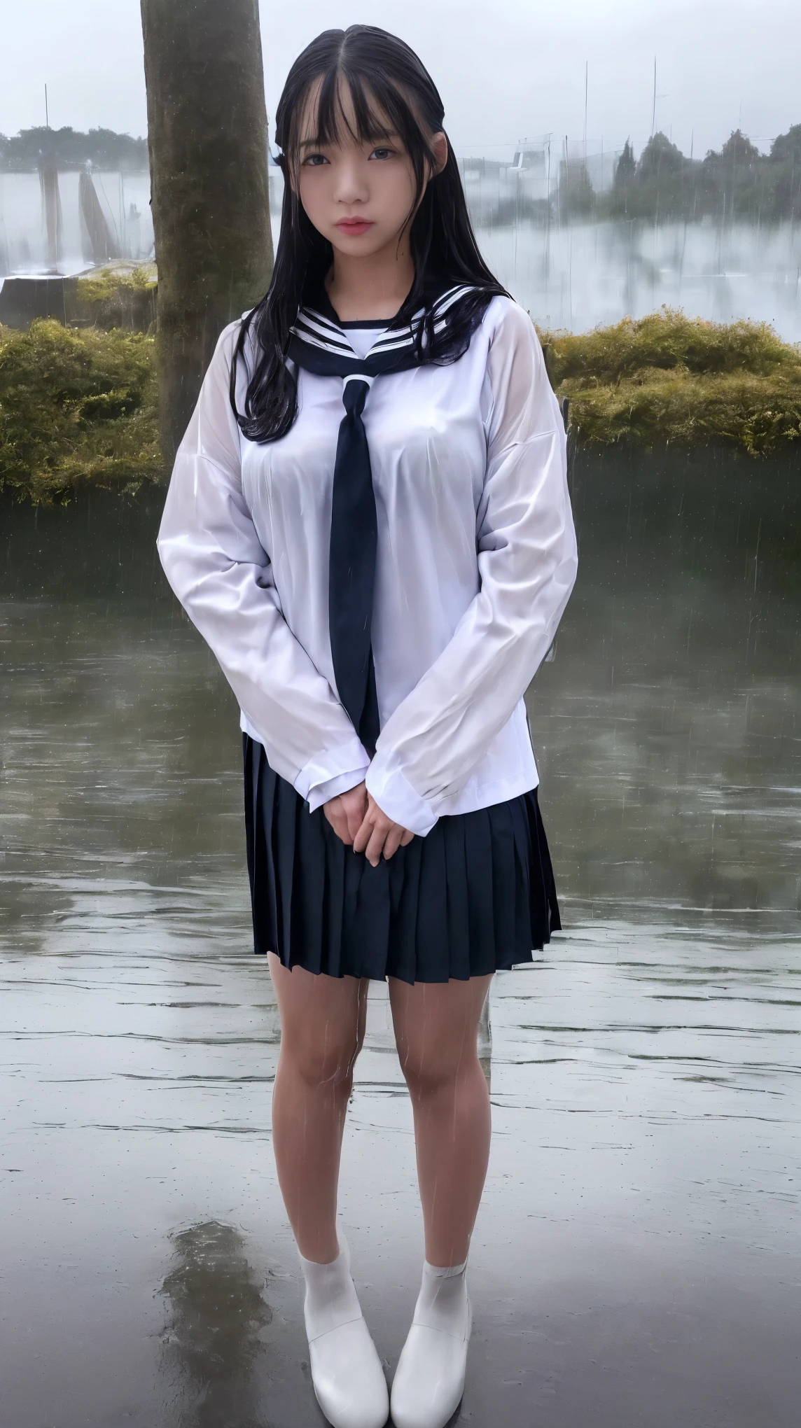 最high quality、high quality、Best image quality、8k、最High resolution、High resolution、最high quality、masterpiece、RAW Photos、whole body写真、Detailed and realistic human body、Detailed and realistic skin、Realistic face in every detail、Realistic reproduction of every detail、Detailed and realistic lips、Detailed and realistic teeth、Detailed and realistic ears、Detailed and realistic hair、Realistic reproduction of every detail、Realistic fingers in every detail、(Beautiful Hands、thumb1reference4)、Realistic feet down to the last detail、Realistic breasts down to the last detail、Realistic areola down to the last detail、Realistic nipples down to the last detail、((Beautiful Japanese Girl))、(Japanese Model)、((18 year old beautiful girl))、(Black Hair)、(Straight hair)、(ponytail)、((whole body))、((Beautiful upturned breasts))、(Stylish slim body)、(whole body光沢肌、Fair skin)、((dark cold stormy weather))、((Pouring rain))、((heavy rain))、((School Playground))、Sailor suit、Sailor Skirt、Junior School、high school student、((Pouring rainの中(A girl standing in the center of the schoolyard))、((Wet and see-through(クロップトップSailor suit、ミニSailor Skirt))、((performance(sorrow、dark、Lament、Watery eye))、((Pouring rainを浴びて(Soaked skin from head to toe))、((Rain dripping from the skin))、((Her body lines are clearly visible through her uniform.(Wet and sticking to the skin.))、((Rainwater dripping from the uniform))