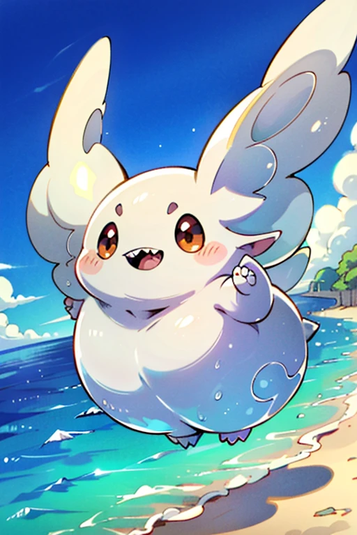 masterpiece, best quality, SFW, (safe for work),1Digimon, solo, sharp teeth, very long ears, wide mouth, pale red digimon,blob body, (A dumpling-shaped digimon, with very long flappy ears),digimon style,(in-training digimon), beach background