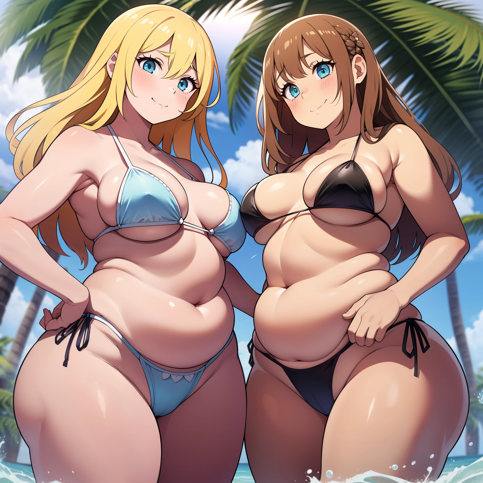 ((highres)), Masterpiece, high quality, best quality, beautiful, perfect lighting, detailed face, ultra cute face, from below, ((2girls)), suggestive, seductive smile, blush, one girl has blonde hair, blue eyes, side tie bikini, one girl has brown hair, green eyes, side tie bikini, beach, cleavage breasts, ((wide (thick thighs), ((plump)), chubby belly, belly grab, fat folds, standing next to each other,