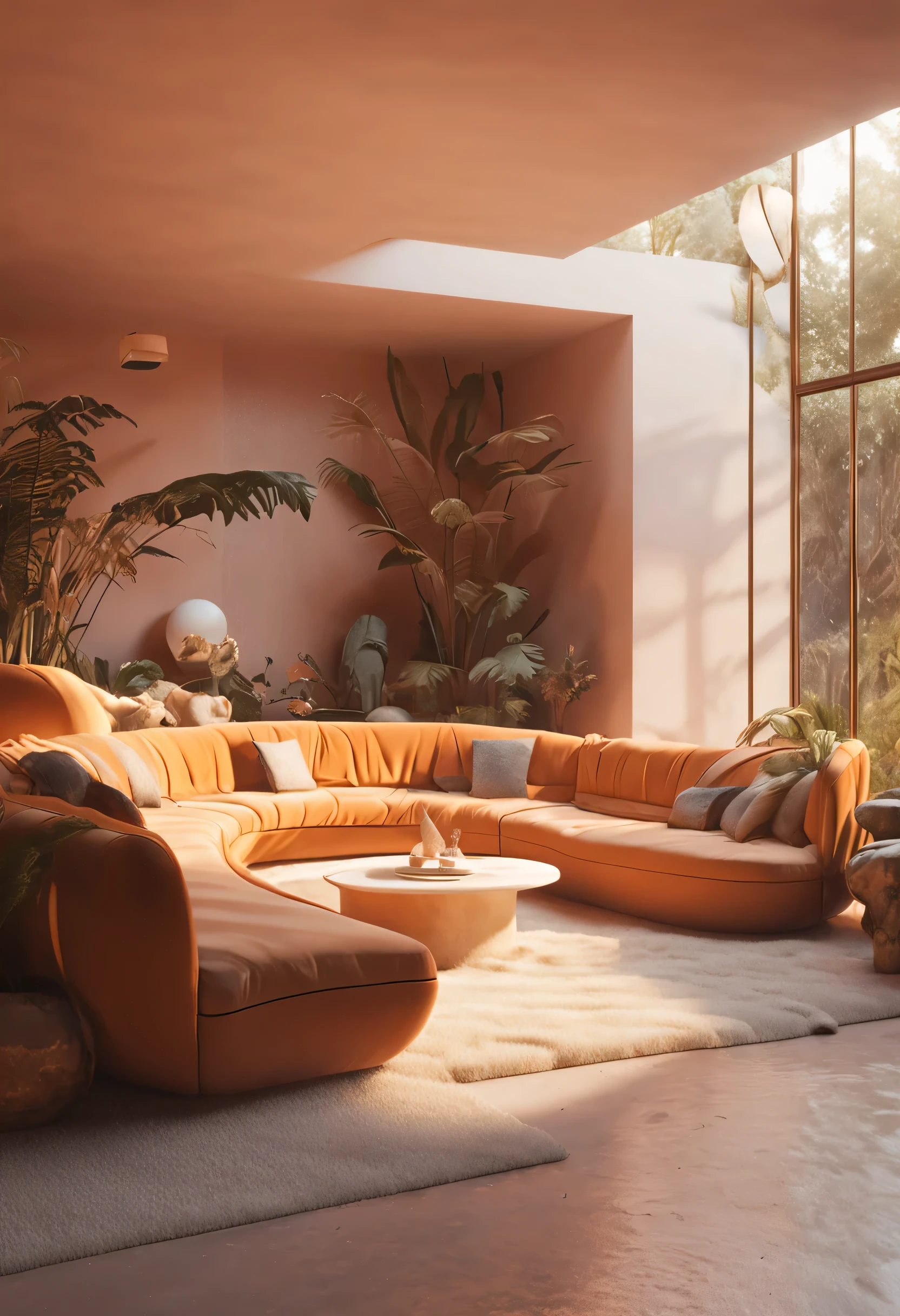 sxnfv style, Sunken living room conversation pit 70s, retro futuristic interior design, Fictional 3D Fantasy 8k Blender Architectural Rendering, Neutral beige color scheme