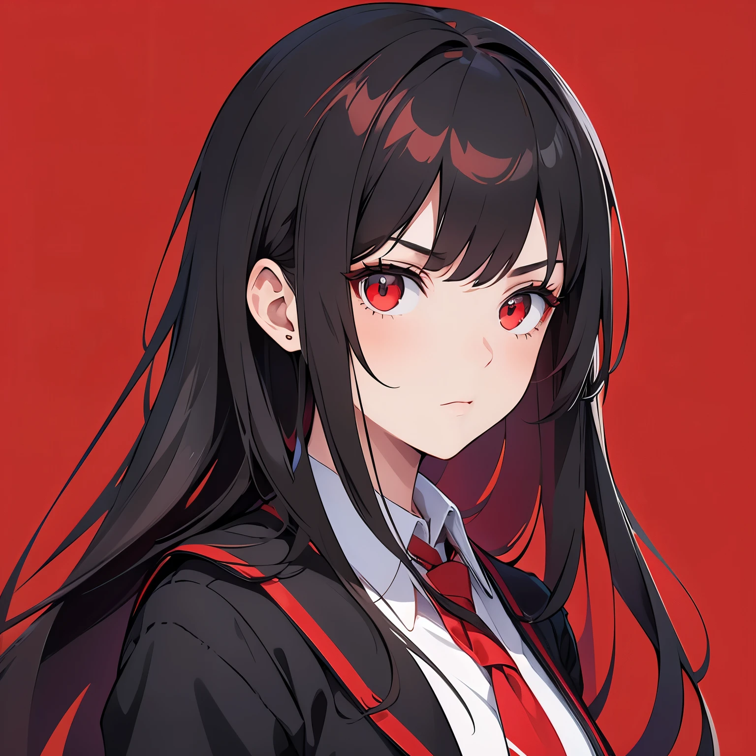 1girl, girl, solo, portrait, (serious, cool), long hair, dark hair, red eyes black cardigan, masterpiece, best quality, (red background, simple background)
