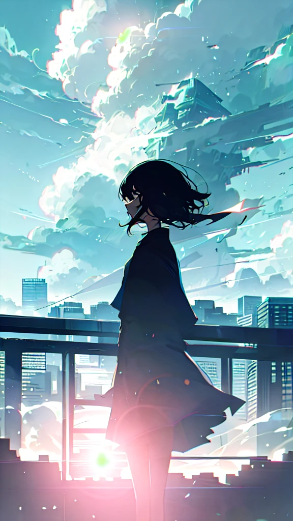 anime,silhouette,1girl, cloud, outdoors, skyscraper, city lights, blue sky, skyline,morning,waking,In nature,Mountain,Couple