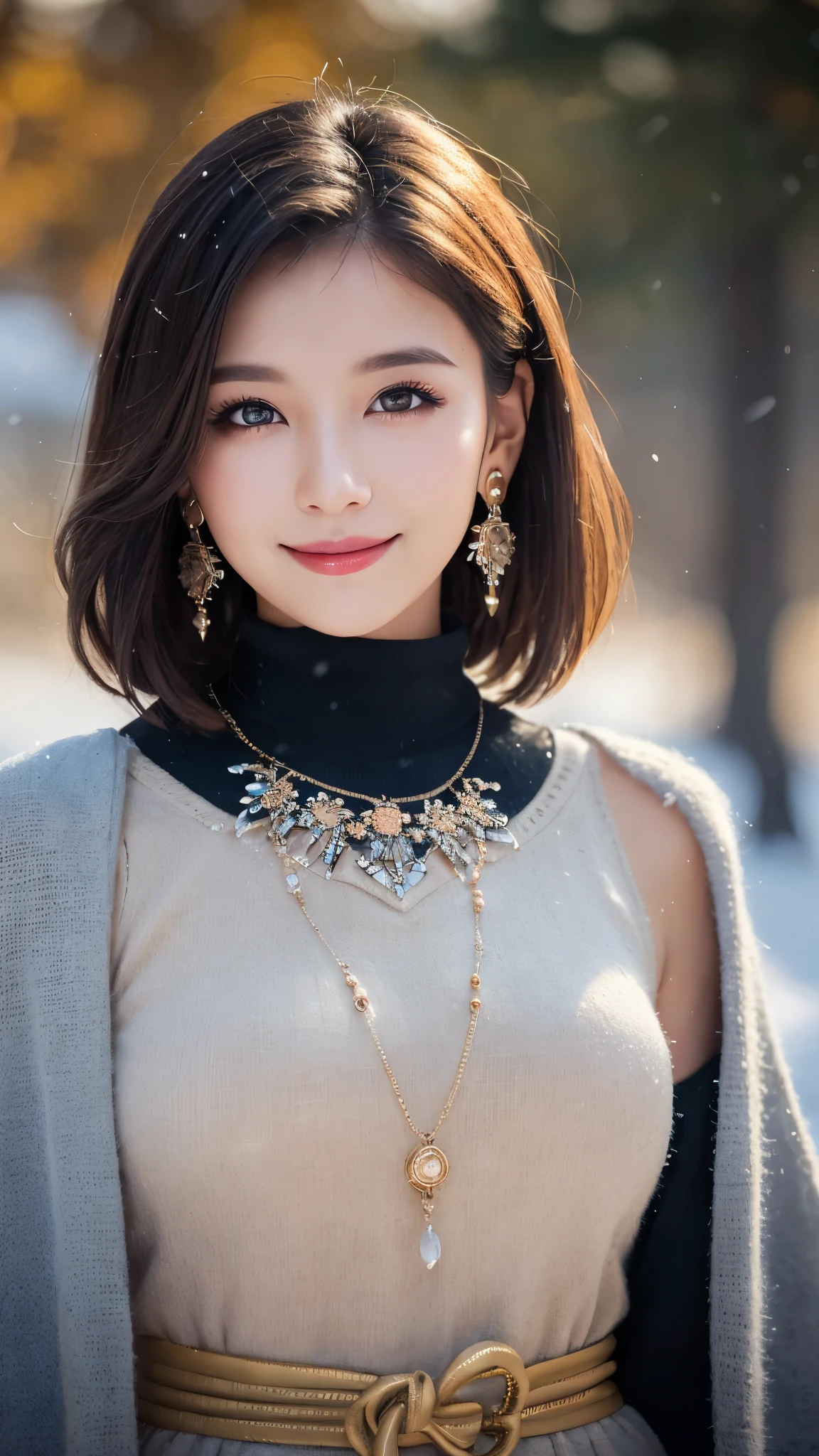 ((masterpiece)), ((highest quality)), (Super detailed), ((cute)), cute, (Lovely), ((Very detailed)), (Detailed eyes), (Detailed facial features), (Detailed fingers), (Detailed clothing features), 4K, (8k), (beautiful), figure, Upper Body, Mountain, village, evening, winter, Beautiful woman, 1 female, (Sacred clothing:1.3), beautiful blue hair, Medium Short Hair, beautiful black eyes, ((beautiful eyes)), tights, (hair ornaments), Earrings, (Bib Necklace), smile, blush, Brown Skin, Lens flare, Snow effect, Shiny