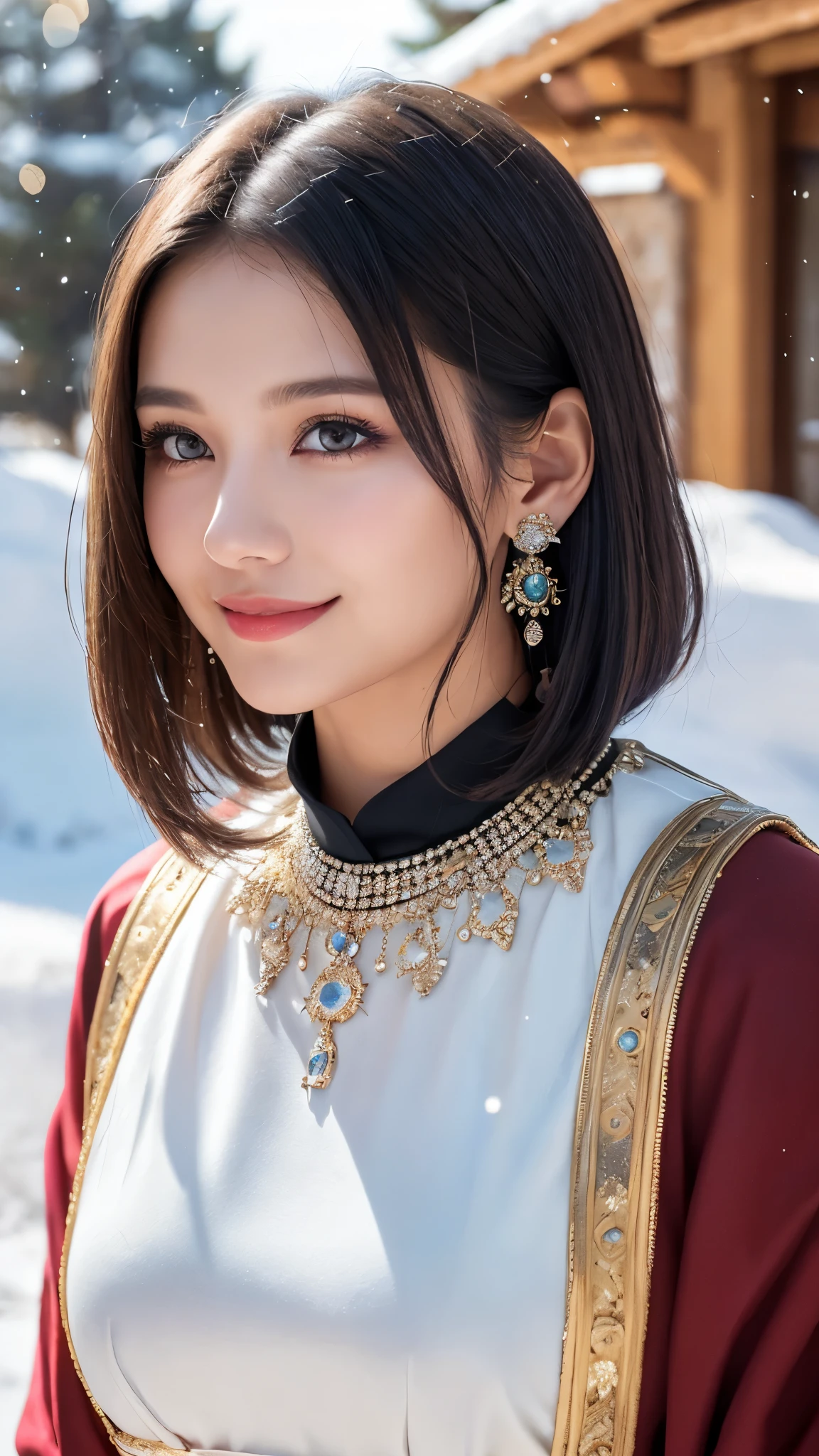 ((masterpiece)), ((highest quality)), (Super detailed), ((cute)), cute, (Lovely), ((Very detailed)), (Detailed eyes), (Detailed facial features), (Detailed fingers), (Detailed clothing features), 4K, (8k), (beautiful), figure, Upper Body, Mountain, village, evening, winter, Beautiful woman, 1 female, (Sacred clothing:1.3), beautiful blue hair, Medium Short Hair, beautiful black eyes, ((beautiful eyes)), tights, (hair ornaments), Earrings, (Bib Necklace), smile, blush, Brown Skin, Lens flare, Snow effect, Shiny