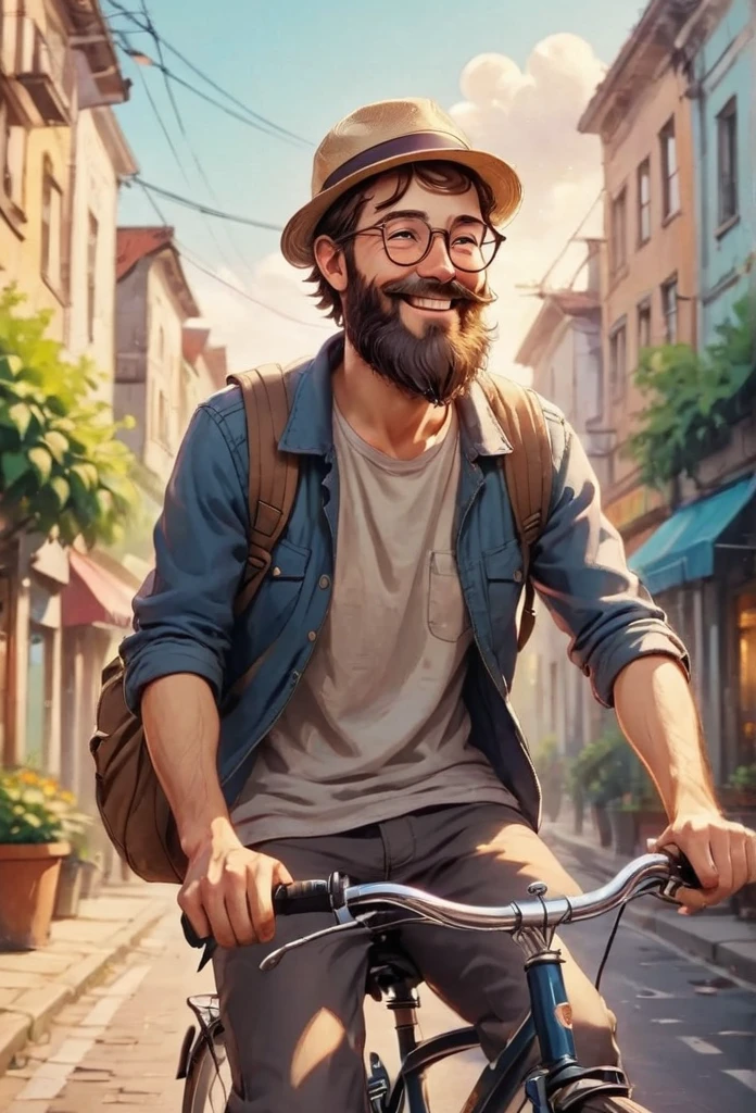 Drawing. Close up of a happy man with beard, wear glasses,hat,a riding a bicycle in town dreamyvibes artstyle