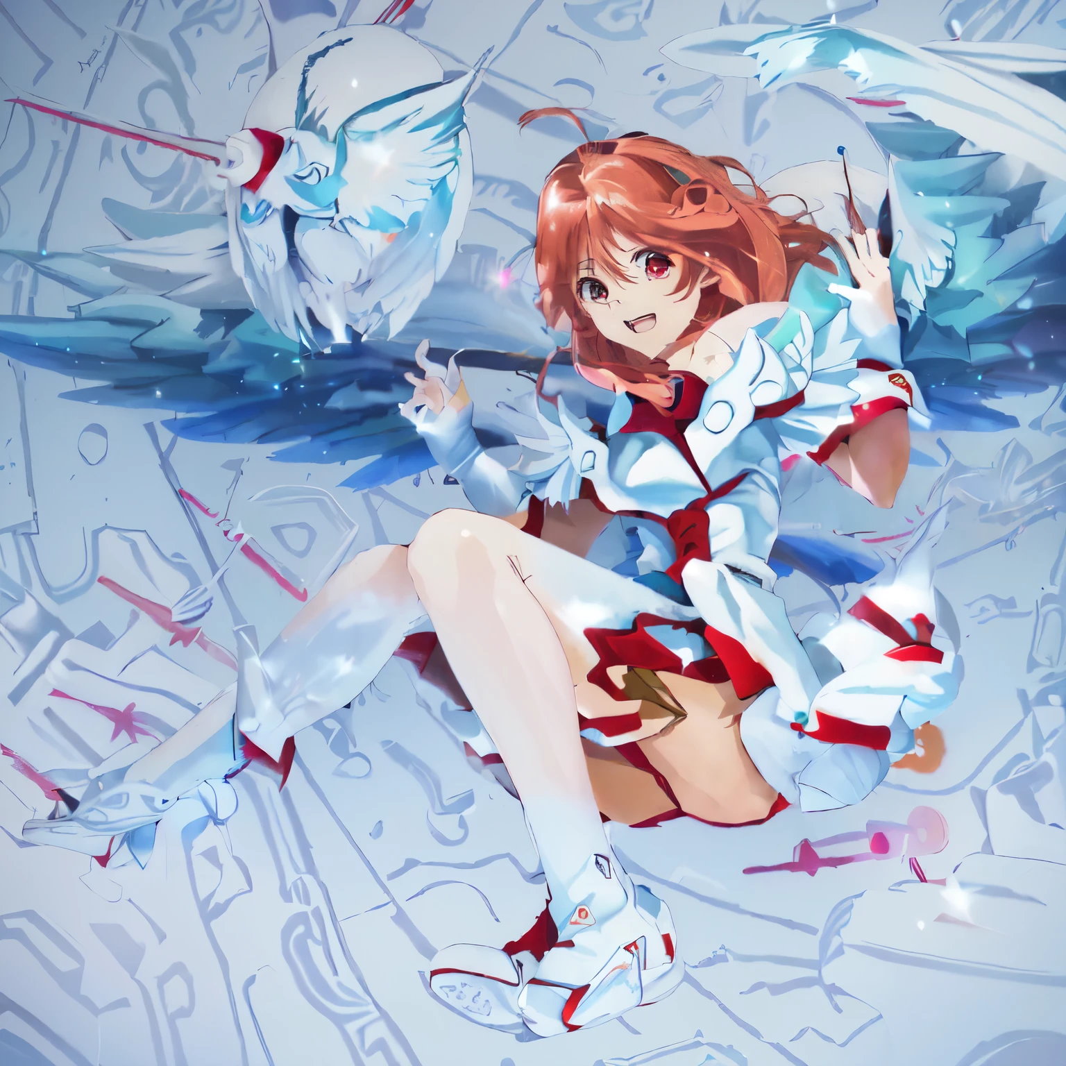 imagen anime de una mujer volando en el cielo con un cohete, Delta macros splash art, Delta macros, Also, Anime de arte salpicado , Ilustraciones oficiales del anime., arte oficialwork, arte oficial, detailed arte clave del anime, chica valquiria mecanizada, arte clave del anime, obra de arte de alta calidad, cheered up", Sinfogear, Estrella, arte conceptual visual clave del anime de