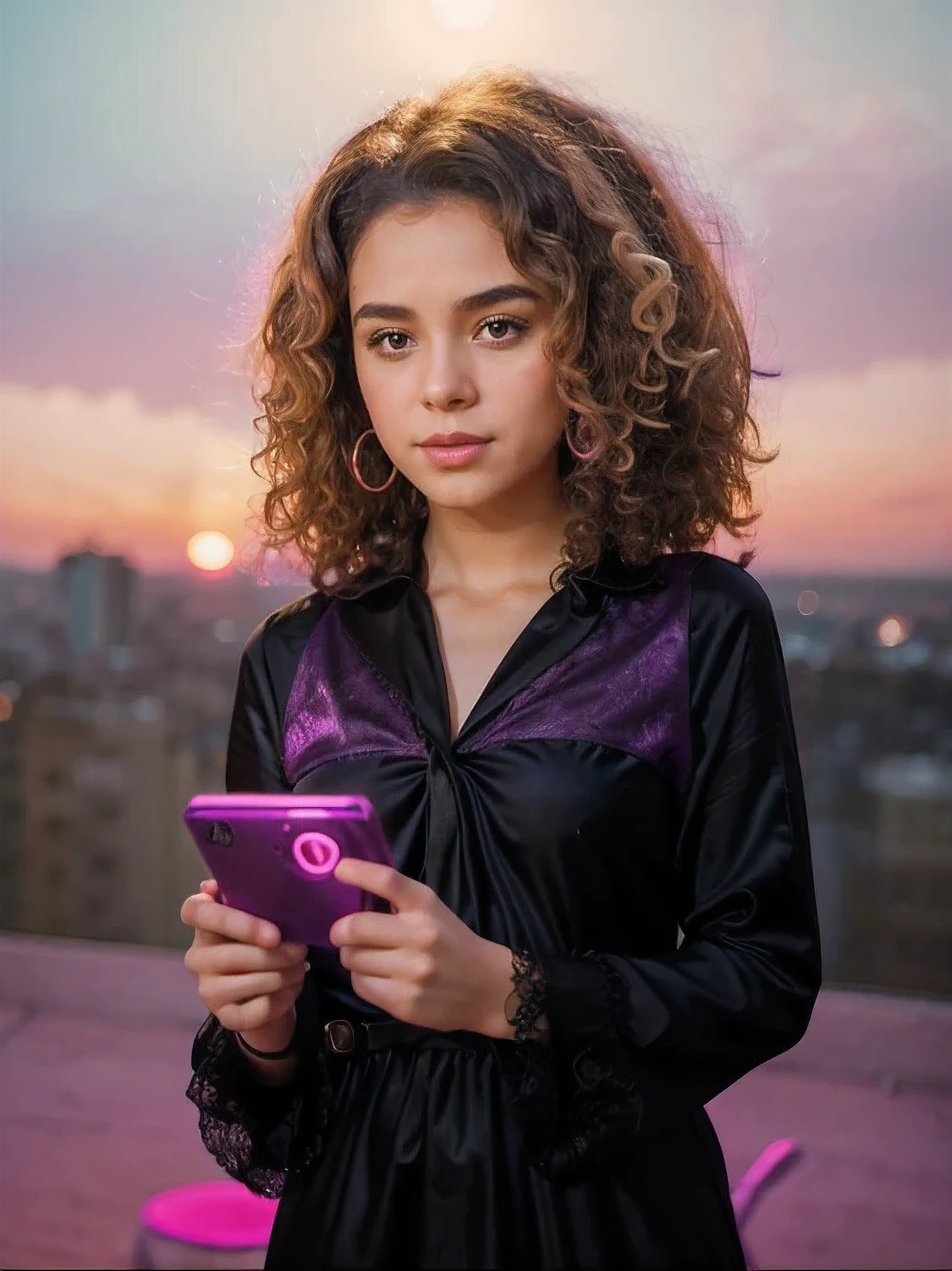 A girl in a black silk dress with Afro-curls, on the background of a purple sunset with a neon circle, holding a purple phone. Neon light from a girl. Fantasy style.
