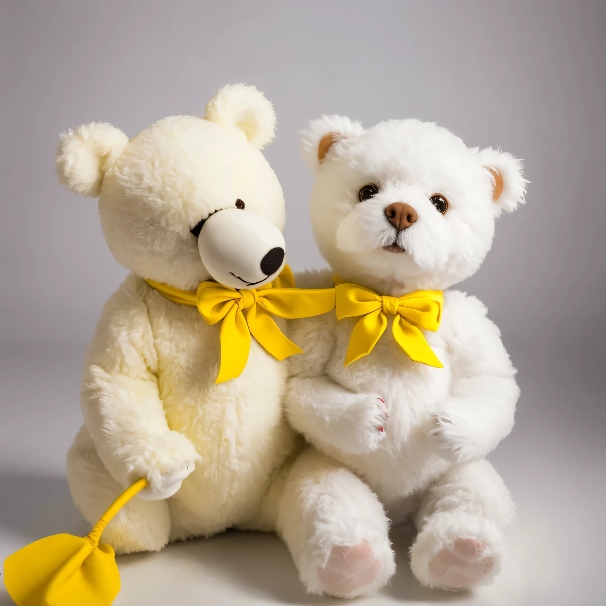 White teddy bear with a yellow bow around its neck,e um garoto com cabelos e olhos castanhos com pele clara com sapatos e meias com um short preto e com blusa regata cinza salvando o mundo