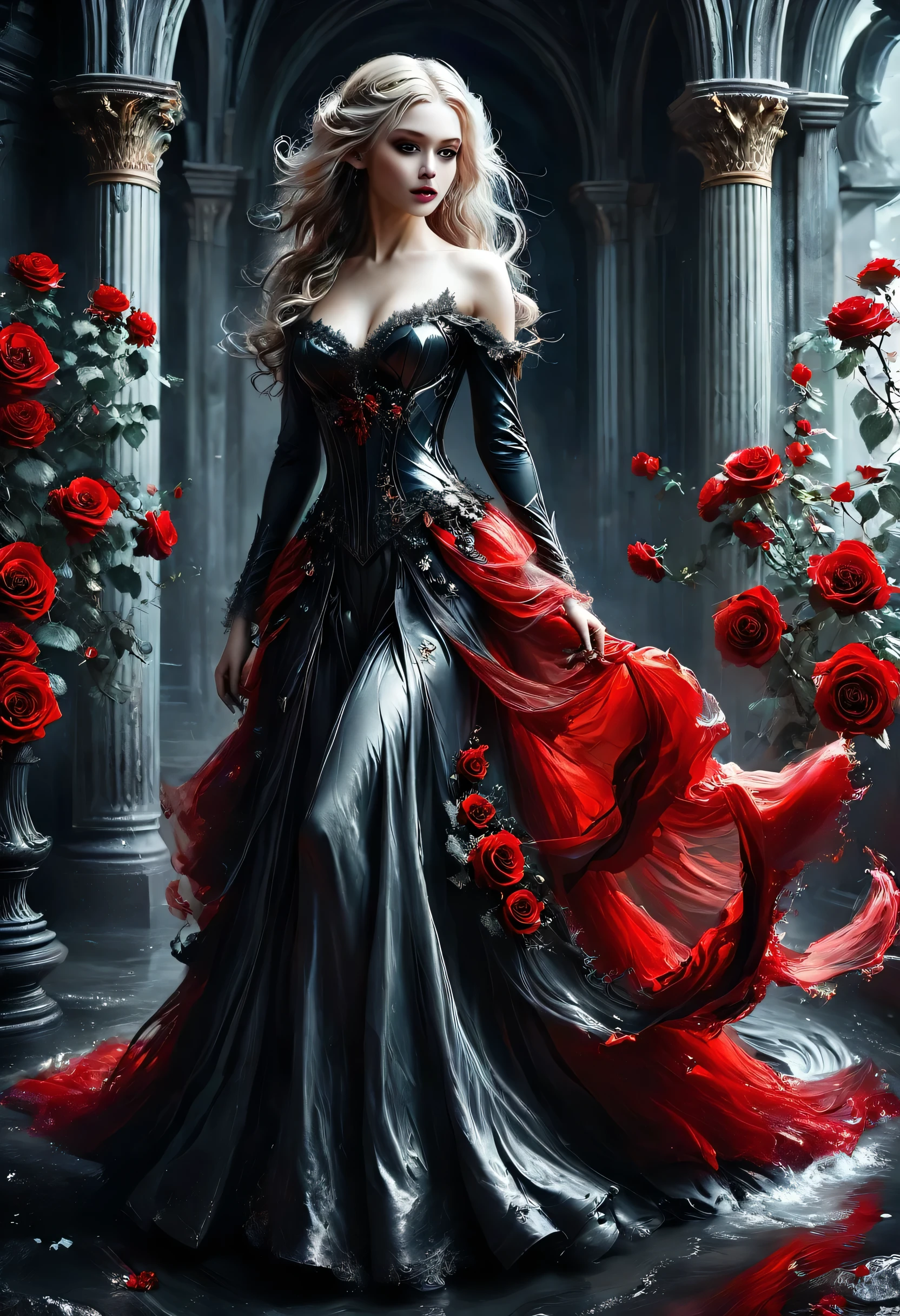 Dark fantasy art, fantasy art, goth art,  a picture of a female vampire, exquisite beauty, full body shot, dark glamour shot,  pale white skin, dark blond hair, long hair, wavy hair, (icy grey: 1.3) eyes,  she  wears a (red: 1.3) dress, ArmoredDress, entwined with (black: 1.3)  roses betmd, high heells, dark castle porchm, RagingNebula