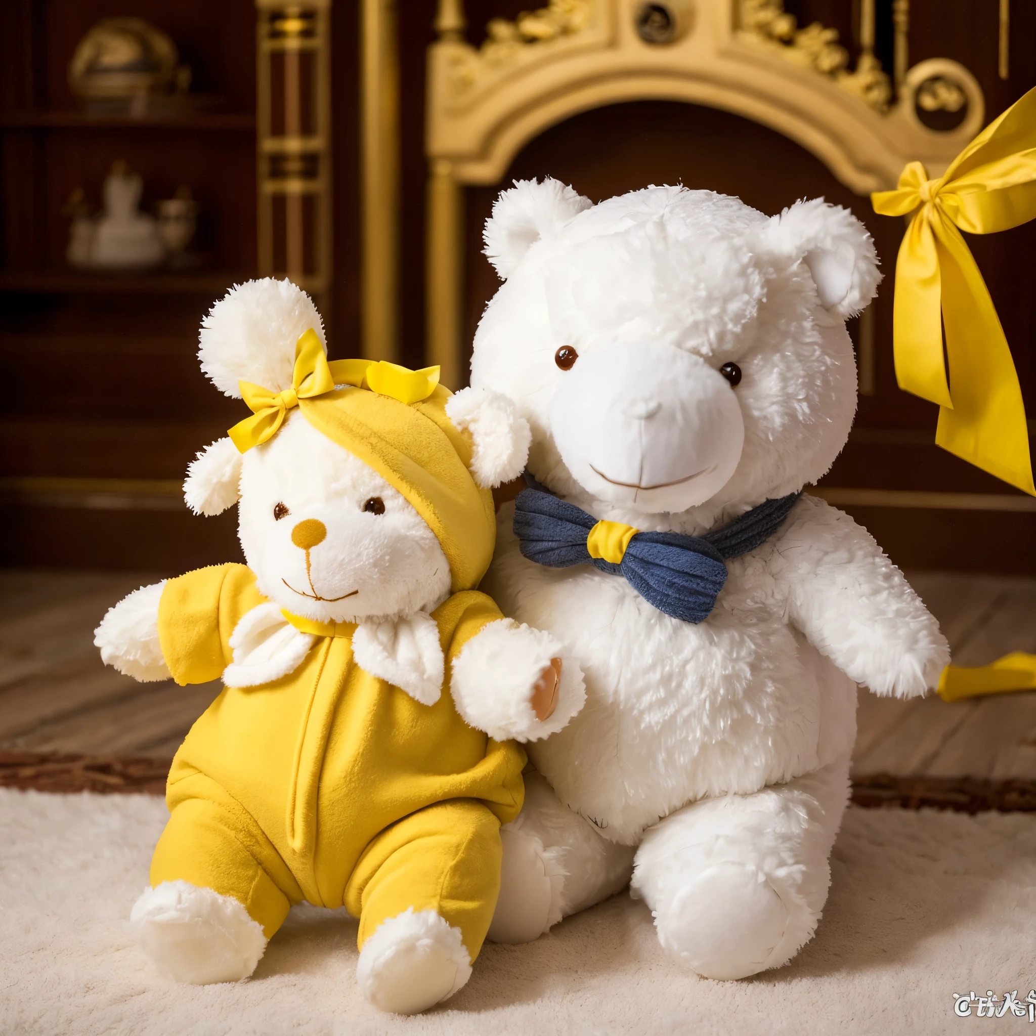 White teddy bear with a yellow bow around its neck,e um garoto com cabelos e olhos castanhos com pele clara com sapatos e meias com um short preto e com blusa regata cinza salvando o mundo