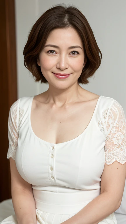 ((highest quality, 8k, masterpiece, Portraiture: 1.3)), (View your viewers), Photorealism, Sharp focus, alone, Japanese Mature, beauty,(Thin face 1.6)、smile、Wrinkles around the eyes, Emphasize, ((Big Breasts:1.6))),,(Huge Ass 1.8) 60 years old, short hair(White pajamas)(Sitting on bed:1.3)(From face to thighs)