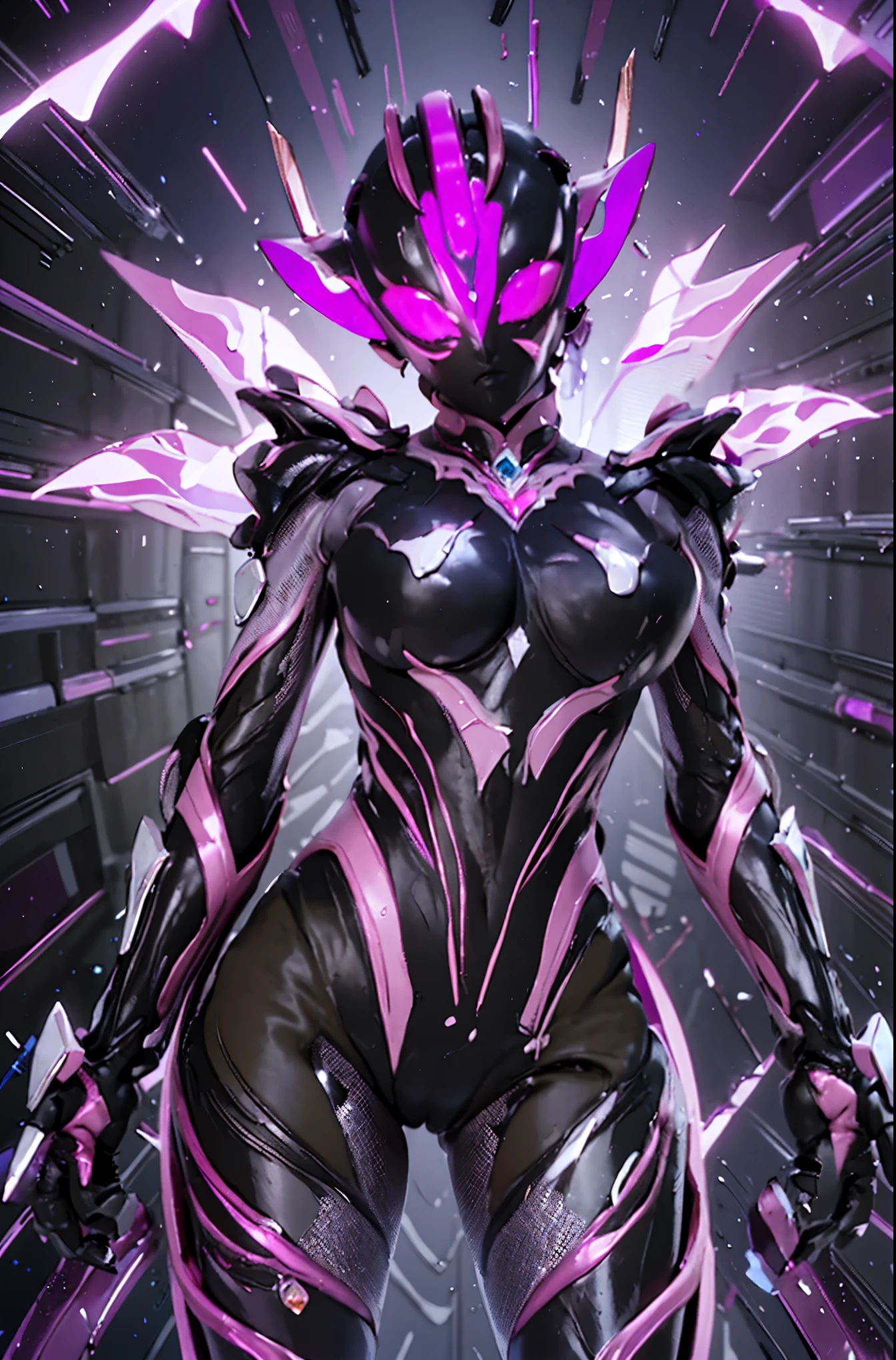 Ultraman Woman. （high quality）（luster）（Black and Pink thema color）（Black helmet. Black  Face）women only. The whole body is covered with a black bodysuit. Spike decoration. Pink lines all over the body. purple coloreye. pink glow crystal. pink sharp claw. squat pose. Emphasize the belly button. dark background.