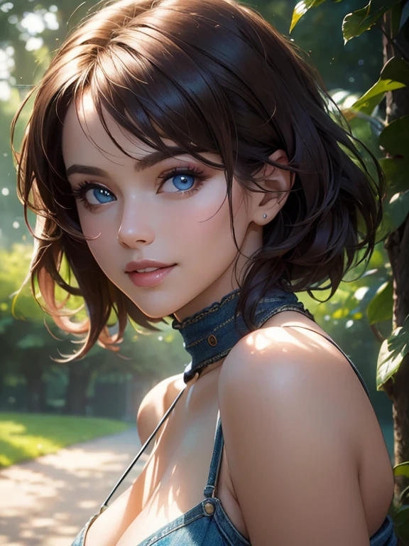 (((masterpiece, portrait))), (Best quality,ultra detailed,Photorealistic:1.37), (((deep neckline))), bright and rich colors,studio lighting,Playful expression,stylish makeup, short denim shorts,hair fluttering in the wind,inviting eyes,shiny lips,sexy pose, I smile confidently and seductively,posing for a professional photo shoot,Shallow depth of field,highlighting the main subject,Soft natural light,Creating a dreamy and magical atmosphere.