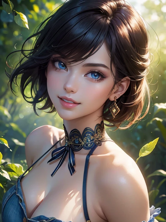 (((masterpiece, portrait))), (Best quality,ultra detailed,Photorealistic:1.37), (((deep neckline))), bright and rich colors,studio lighting,Playful expression,stylish makeup, short denim shorts,hair fluttering in the wind,inviting eyes,shiny lips,sexy pose, I smile confidently and seductively,posing for a professional photo shoot,Shallow depth of field,highlighting the main subject,Soft natural light,Creating a dreamy and magical atmosphere.