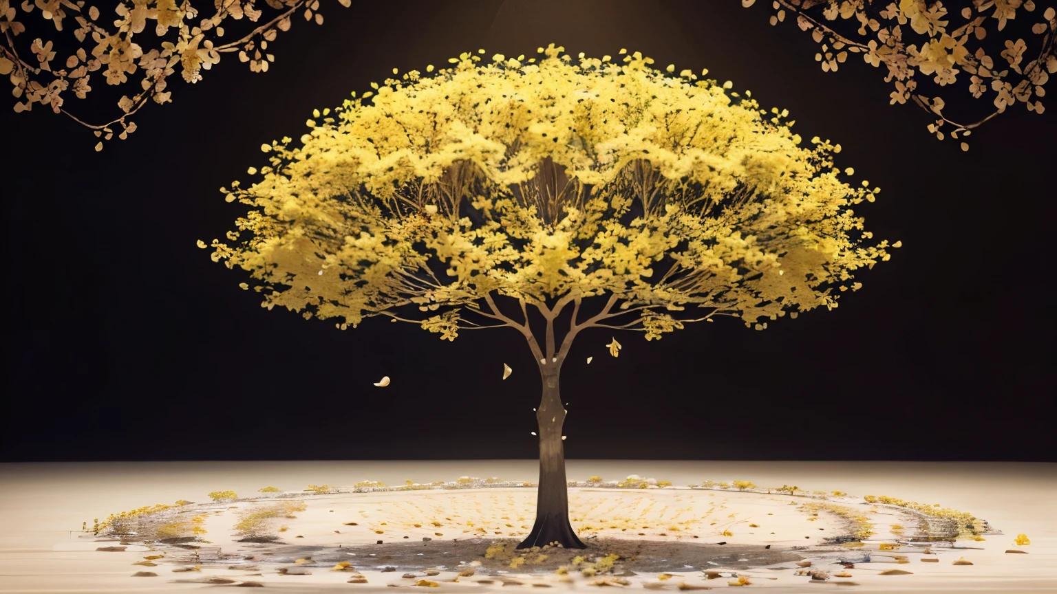 A delicate hand-drawn illustration showing a yellow ipe tree with lots of flowers. The 2D artwork shows the tree in full bloom, with petals in various stages of bloom, creating a mesmerizing pattern. The illustration is drawn in a subtle color palette, reflecting the natural beauty of the yellow ipê flowers. The background is minimalist, allowing the tree to take center stage, evoking a sense of tranquility and peace