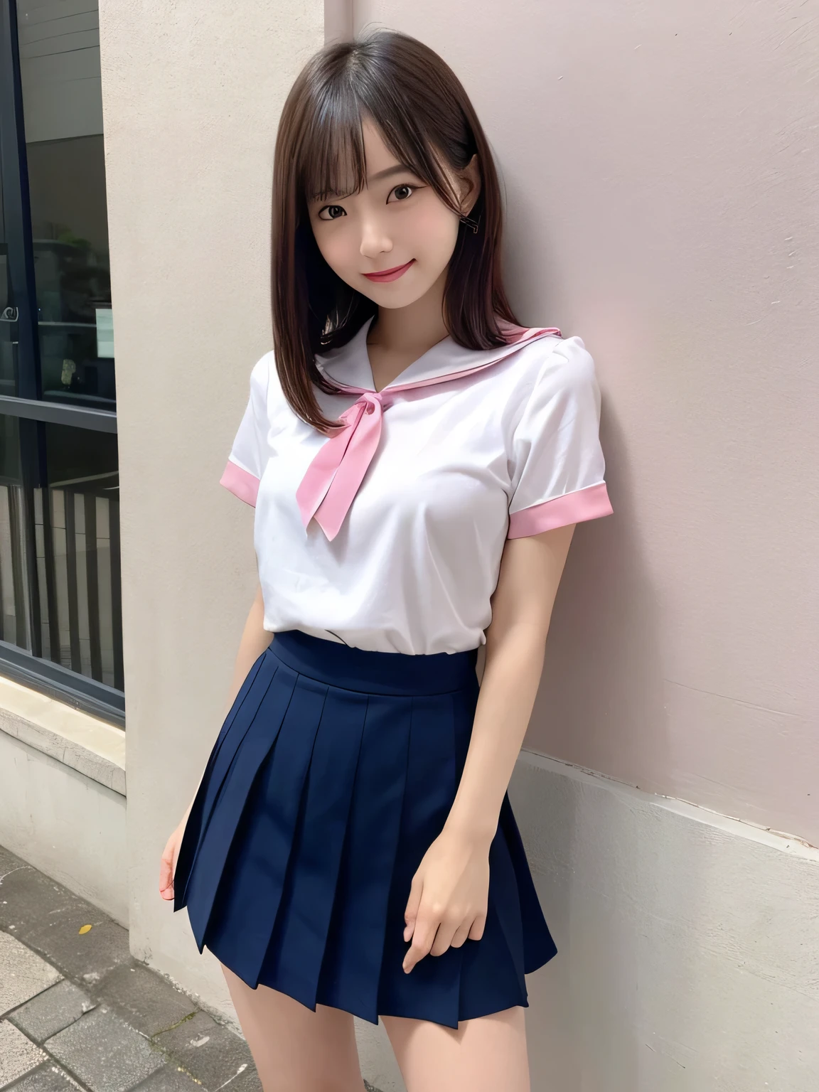 In detail,Full body photo、 One high school girl、High resolution, high quality、Slim body、Perfect dynamic composition, Beautiful fine details, Natural medium hair、Natural color lip,Kamimei、16-year-old girl、Clear Skin、Short-sleeved brown sailor suit、Blue mini skirt、Thighs、Shiny Hair、最high quality, figure, Very detailed, In detail, High resolution, 8k、Pink wall、The correct state of the human body、Sculpture model pose,Thighs are visible、smile、