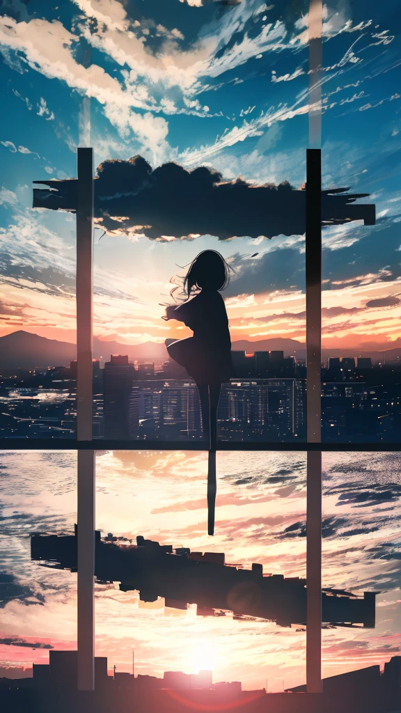 anime,silhouette,1girl, cloud, outdoors, skyscraper, city lights, blue sky, skyline,morning,waking,In nature,Mountain,Couple