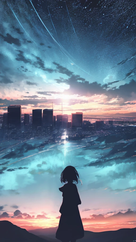 anime,silhouette,1girl, cloud, outdoors, skyscraper, city lights, blue sky, skyline,morning,waking,In nature,Mountain,Couple